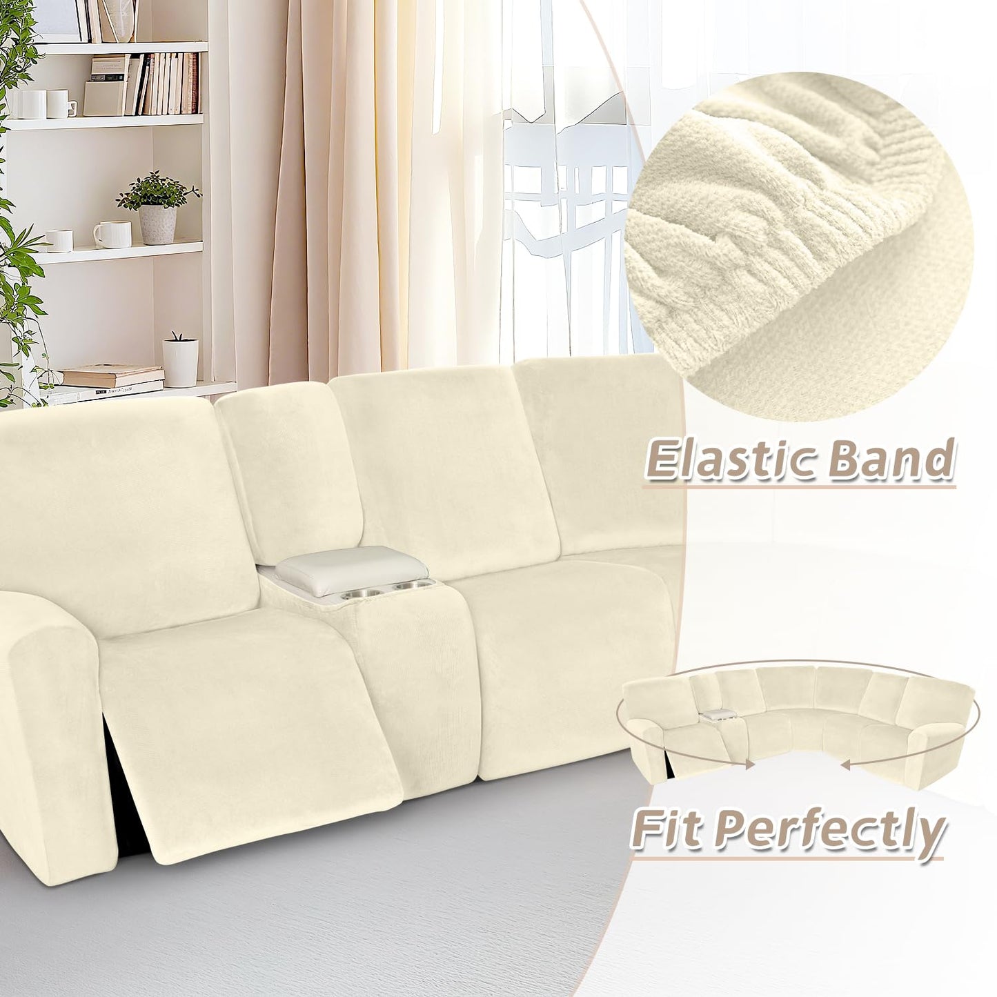 Arfntevss Sectional Recliner Couch Covers Velvet Washable Corner Sectional Sofa Cover for Reclining Stretch Soft Thick L Shape Recliner Slipcover Set (5 Seat with 1 Console Cover, Beige)
