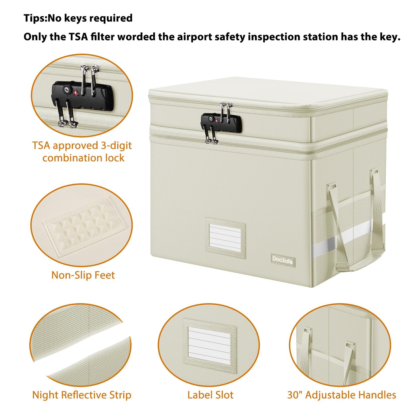 DocSafe File Box with Lock,Multi-Layer Fireproof Document Box Collapsible File Storage Organizer with Pockets/Handle,Large Portable Home Office Filing Box for Hanging Letter/Legal Size Folders,Beige