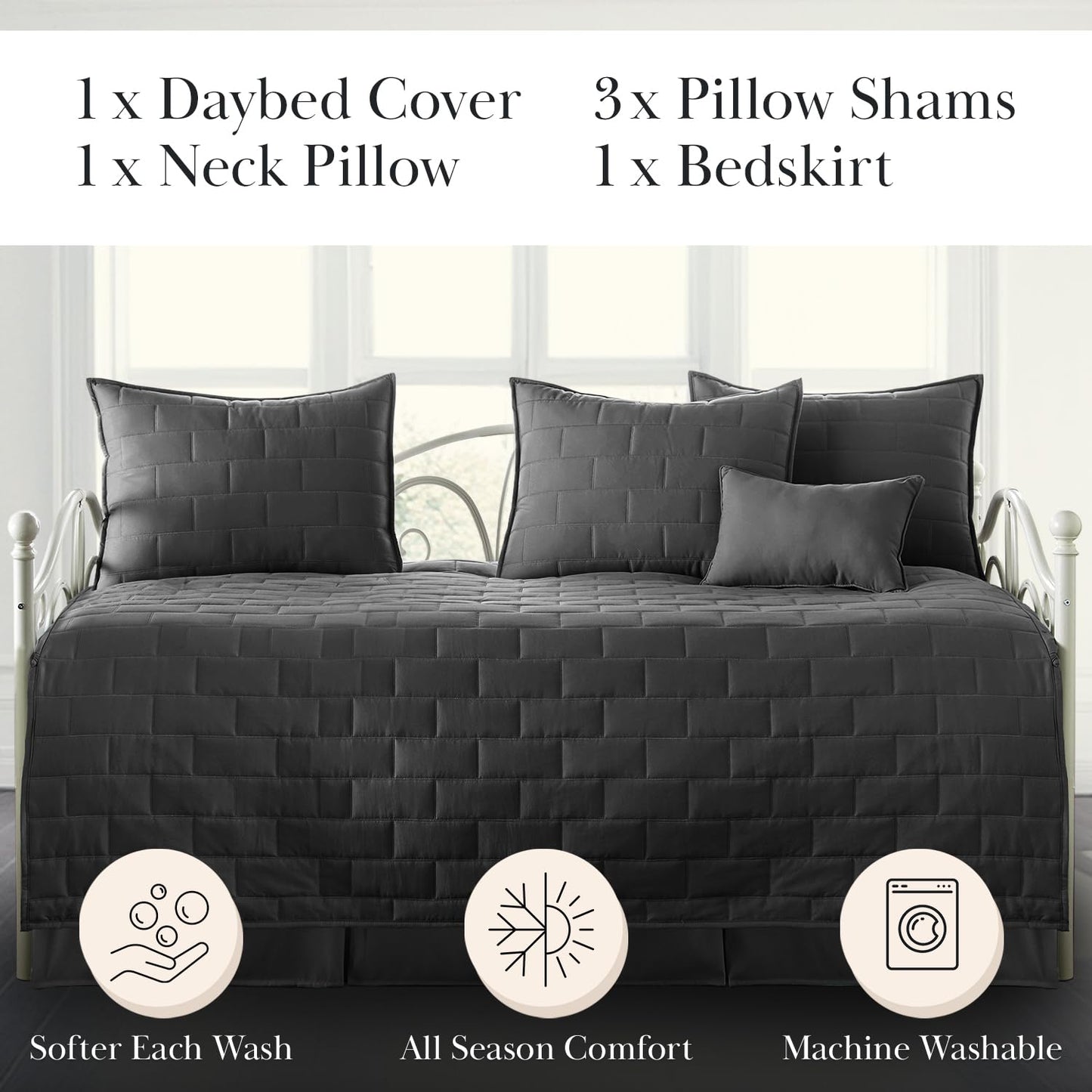 Southshore Fine Living, Inc. Twin Daybed Comforter Set, 6-Piece Twin Bedding Set with Daybed Cover, 3 Pillow Shams, Bed Skirt, Throw Pillow - Day Bed Quilt Set, Brickyard Black