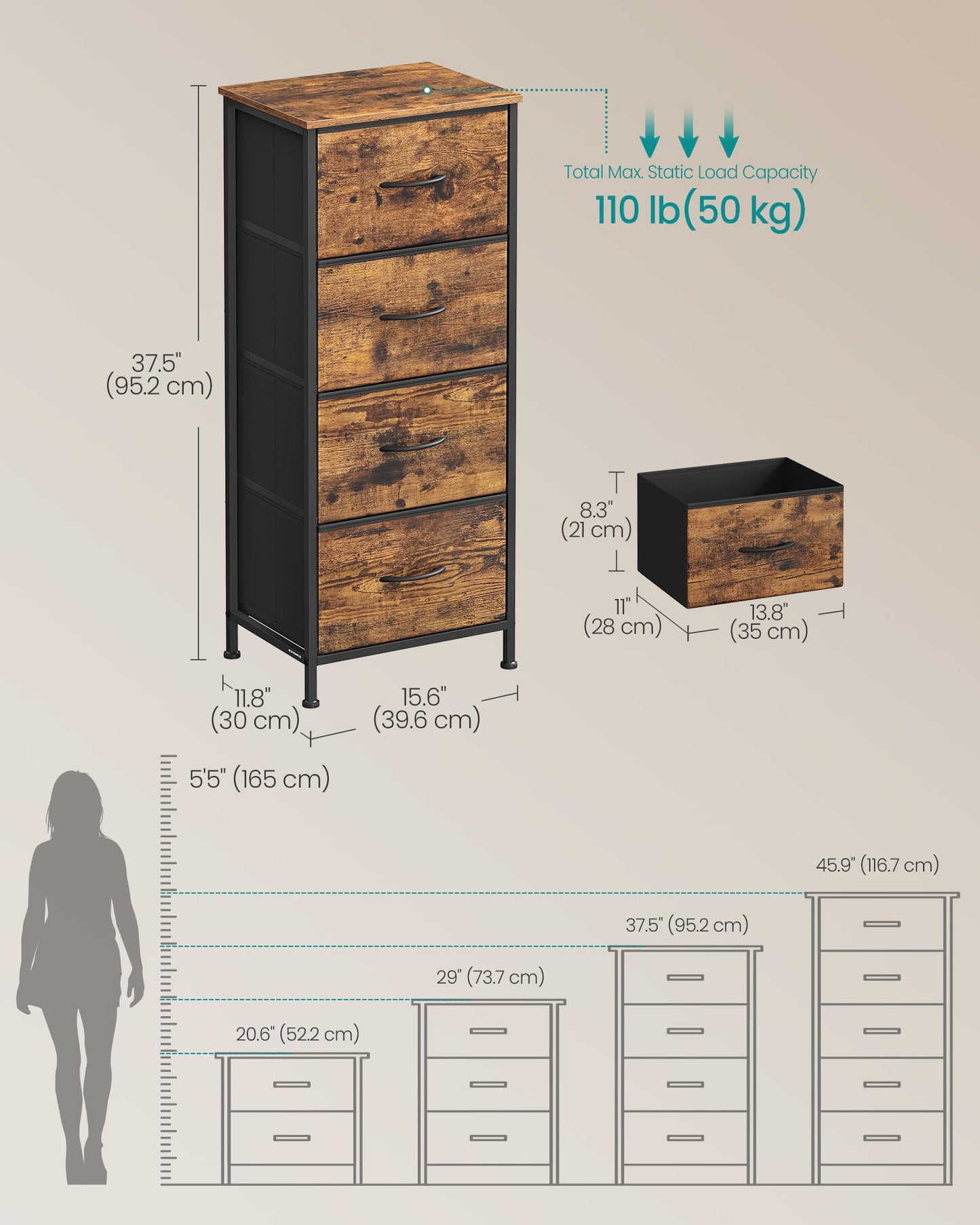 SONGMICS Dresser for Bedroom, Chest of Drawers, Steel, MDF, 4 Non-Woven Fabric Drawers, Storage Organizer Unit, Closet, Entryway, Rustic Brown and Ink Black ULGS314B02S