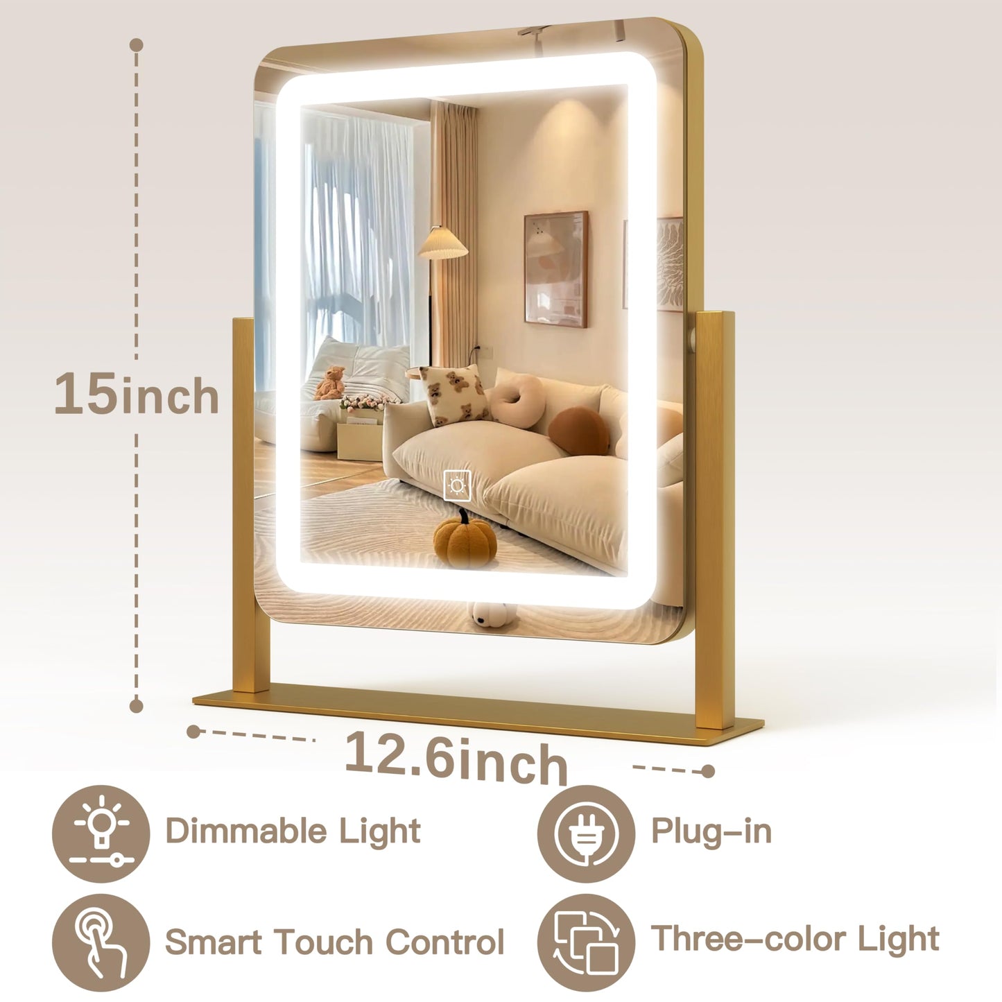ROLOVE Vanity Mirror with Lights, 12.6"×15" LED Makeup Mirror, Lighted Makeup Mirror with Lights, Smart Touch Control Dimmable 3 Modes Light, Lighted Up Mirror for Makeup Desk, Gold