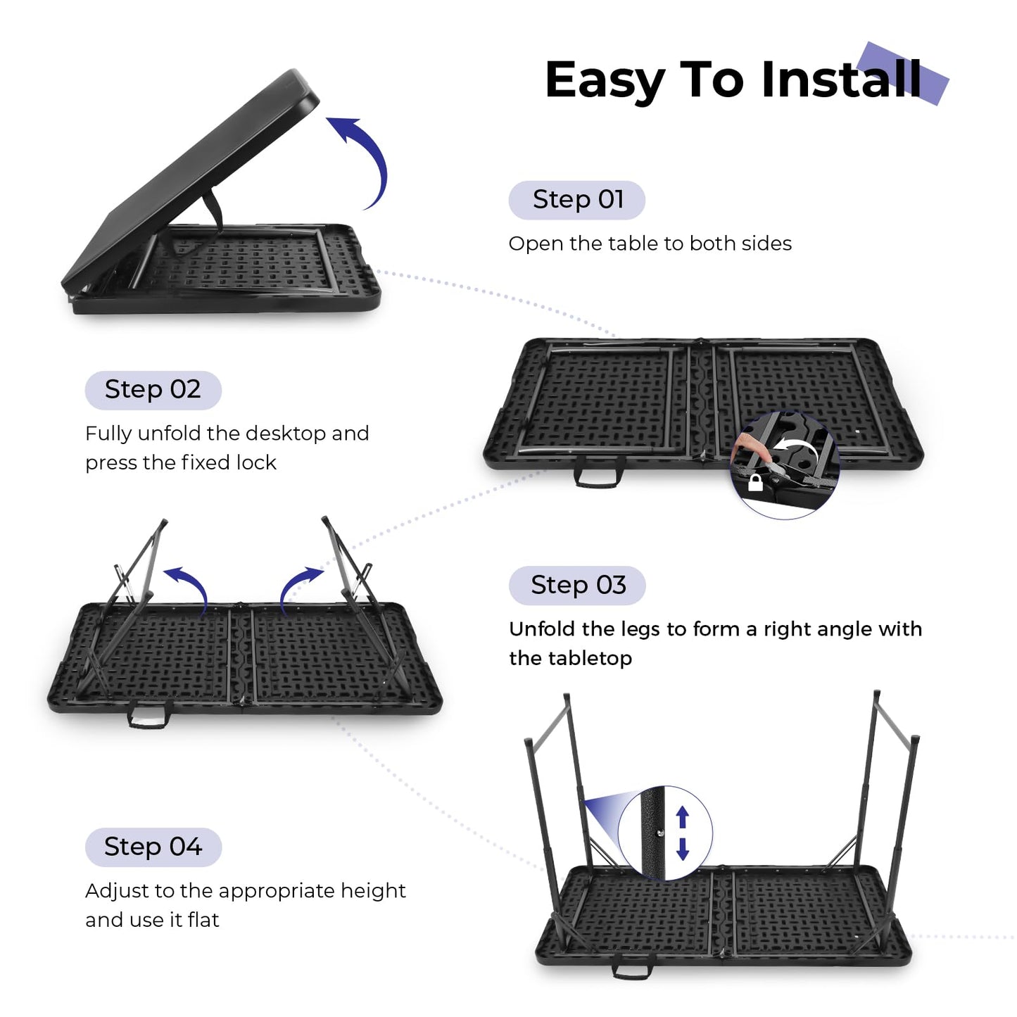 Byliable Folding Table 4 Foot Portable Heavy Duty Plastic Fold-in-Half Utility Table Small Indoor Outdoor Adjustable Height Folding with Carrying Handle, Camping and Party, Black