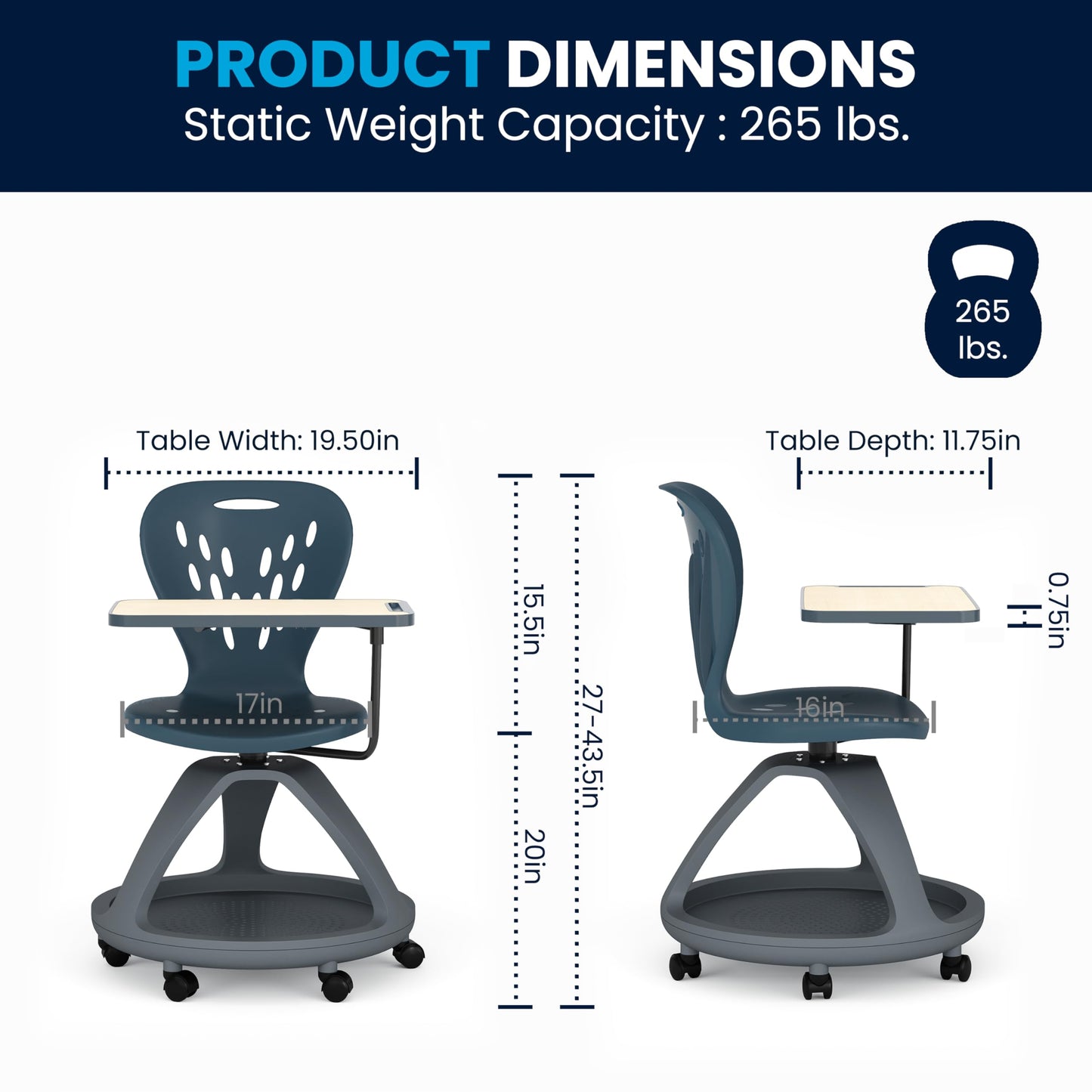 Flash Furniture Laikyn Dark Gray Mobile Desk Chair with 360 Degree Tablet Rotation and Under Seat Storage Cubby