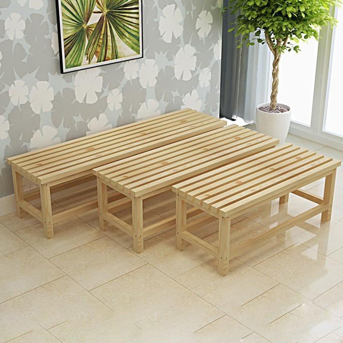 Backless Wooden Patio Bench for 2, Slatted Design Garden Seat, Versatile Indoor/Outdoor Furniture for Balcony, Porch, Lawn & Backyard (90x40x40cm),90x40x40cm