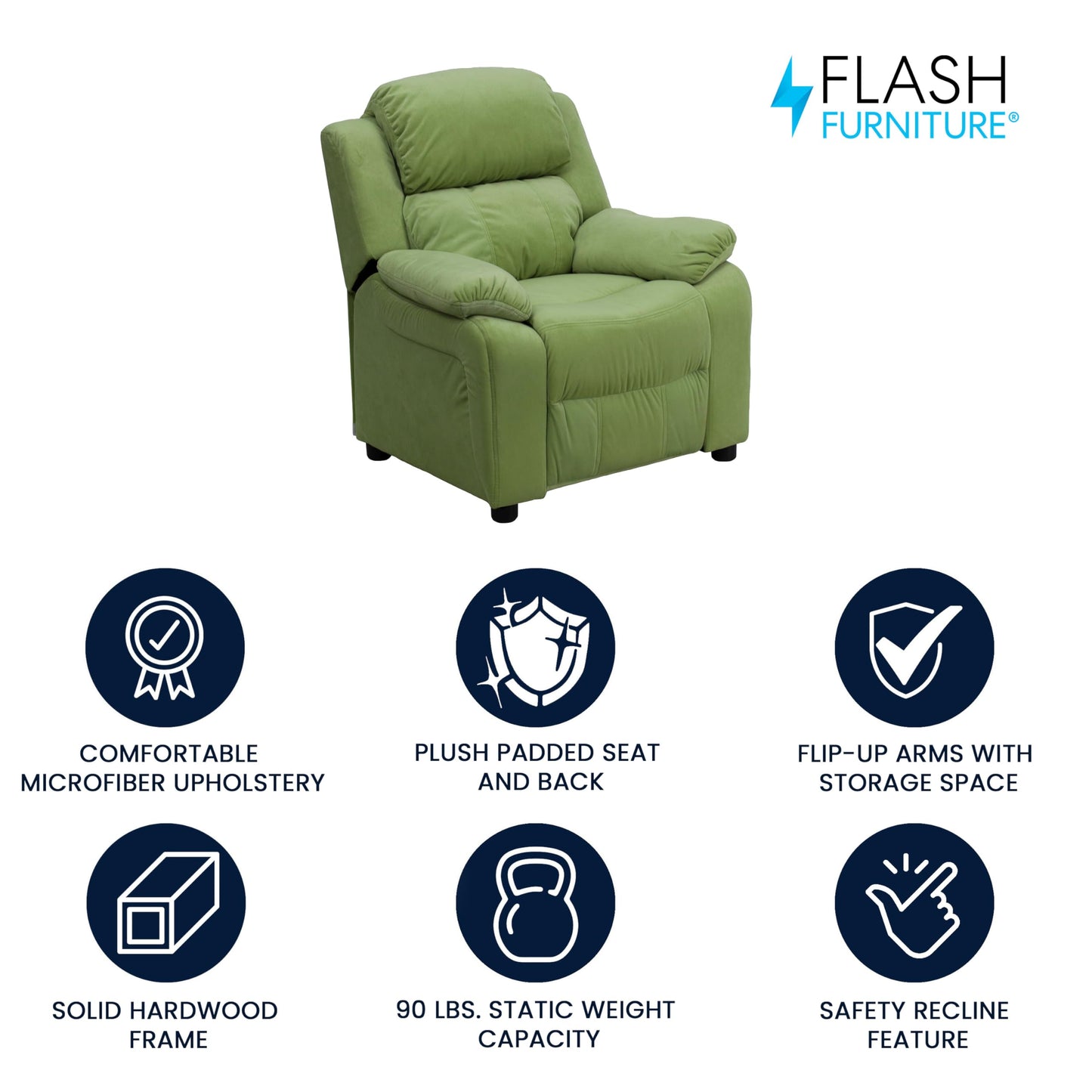Flash Furniture Charlie Microfiber Kids Recliner with Flip-Up Storage Arms and Safety Recline, Contemporary Reclining Chair for Kids, Supports up to 90 lbs., Avocado