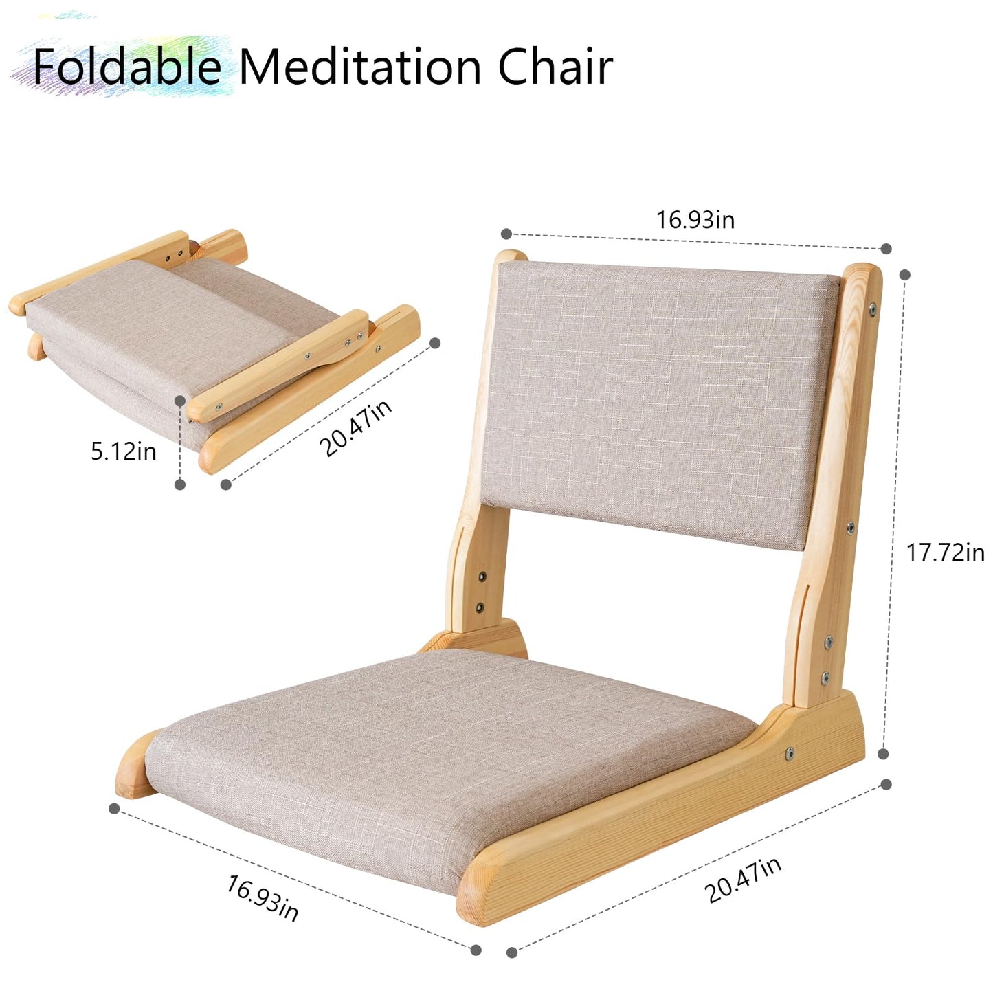 YOUKEEJOJO Japanese Floor Chair with Back Support, Foldable Meditation Chair, Legless Tatami Chair with Cushion, Floor Seat for Living Room, Bedroom, Bay Window (1, Gray)
