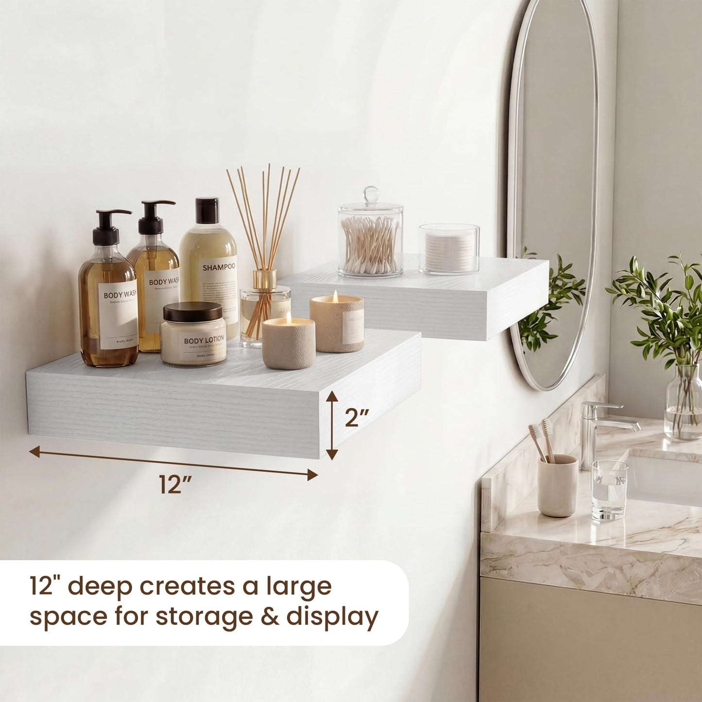 Dreamland Floating Shelves for Wall, 12in Deep Floating Shelves, White Rustic Wall Shelves for Living Room Bathroom Bedroom Kitchen, 12inch 2Pack