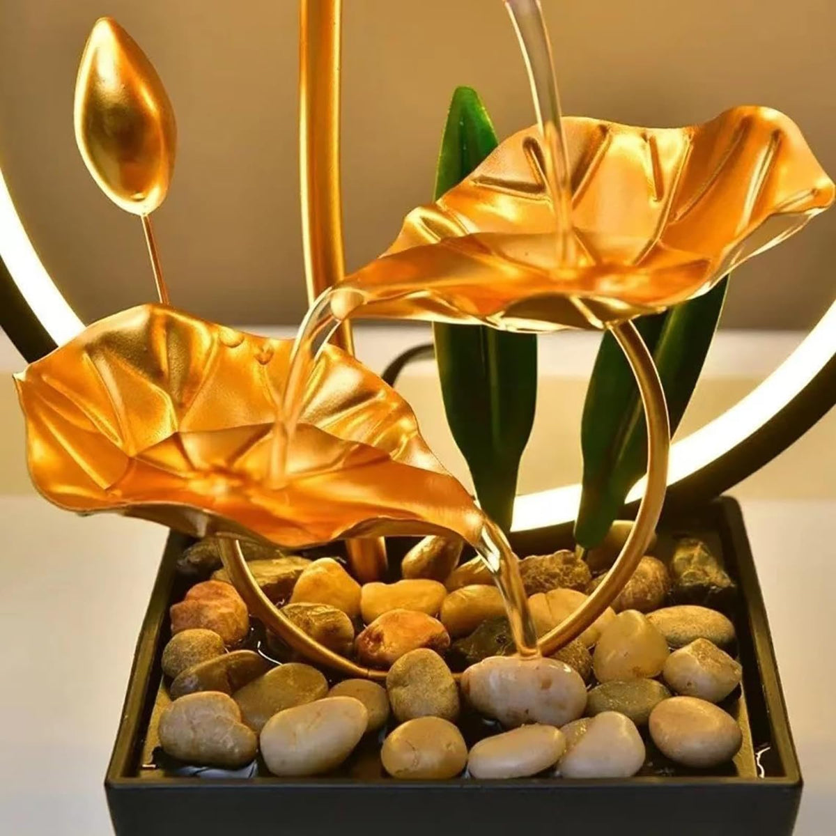 Huazzzyi Tabletop Fountain with Led Light, 11 in Gold Lotus Table Top Water Fountain Indoor USB Powered Zen Desk Waterfall Fountain with 1 Replacement Water Pump