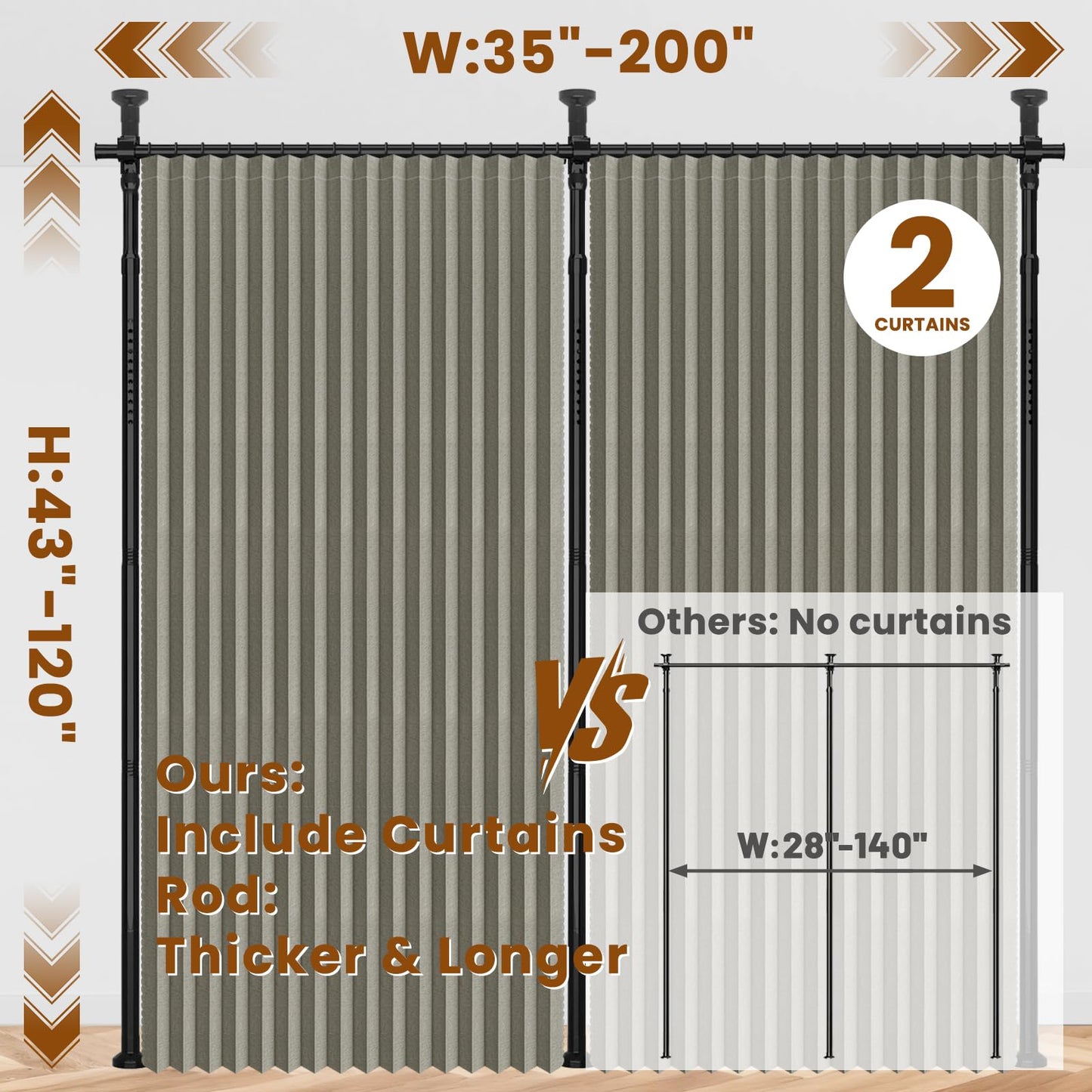 100% Blackout Room Divider Curtains Sets Grey 2 Panels W100 x L96in No Drill Curtain Rods(H) 43-120×(W) 35-200 in for Bedroom Privacy Partition Separator