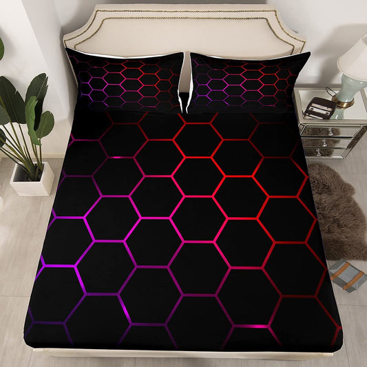 Boys Cartoon Honeycomb Bed Sheet Set Geometric Hexagon Bedding Sheets Kids Teens Girls Colorful Grid Art Neon Decor Bedding Fitted Sheet Purple Red Black Bed Cover Bedroom Collection 3Pcs Queen Size