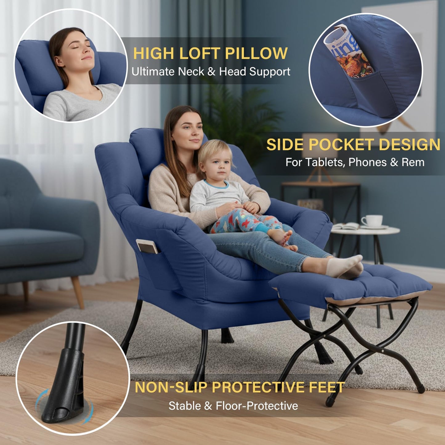 Givjoy Lazy Chair and Ottoman, Peach Blue Large Accent Chair with Side Pocket, Modern Leisure Upholstered Sofa Reading Armchair with Footrest for Office, Bedroom, Living Room, Dorm Rooms, Balcony