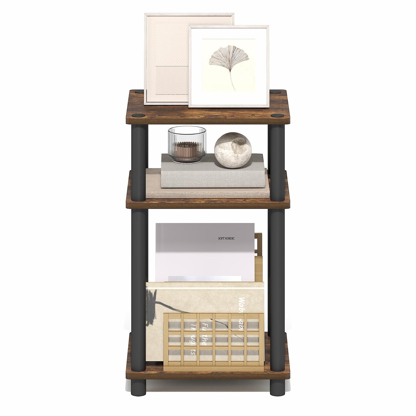 Furinno Turn-N-Tube Side Table, 3-Tier End Table with Open Shelf, Toolless Assembly Night Stand, Bedside Table, for Living Room, Bedroom, Amber Oak