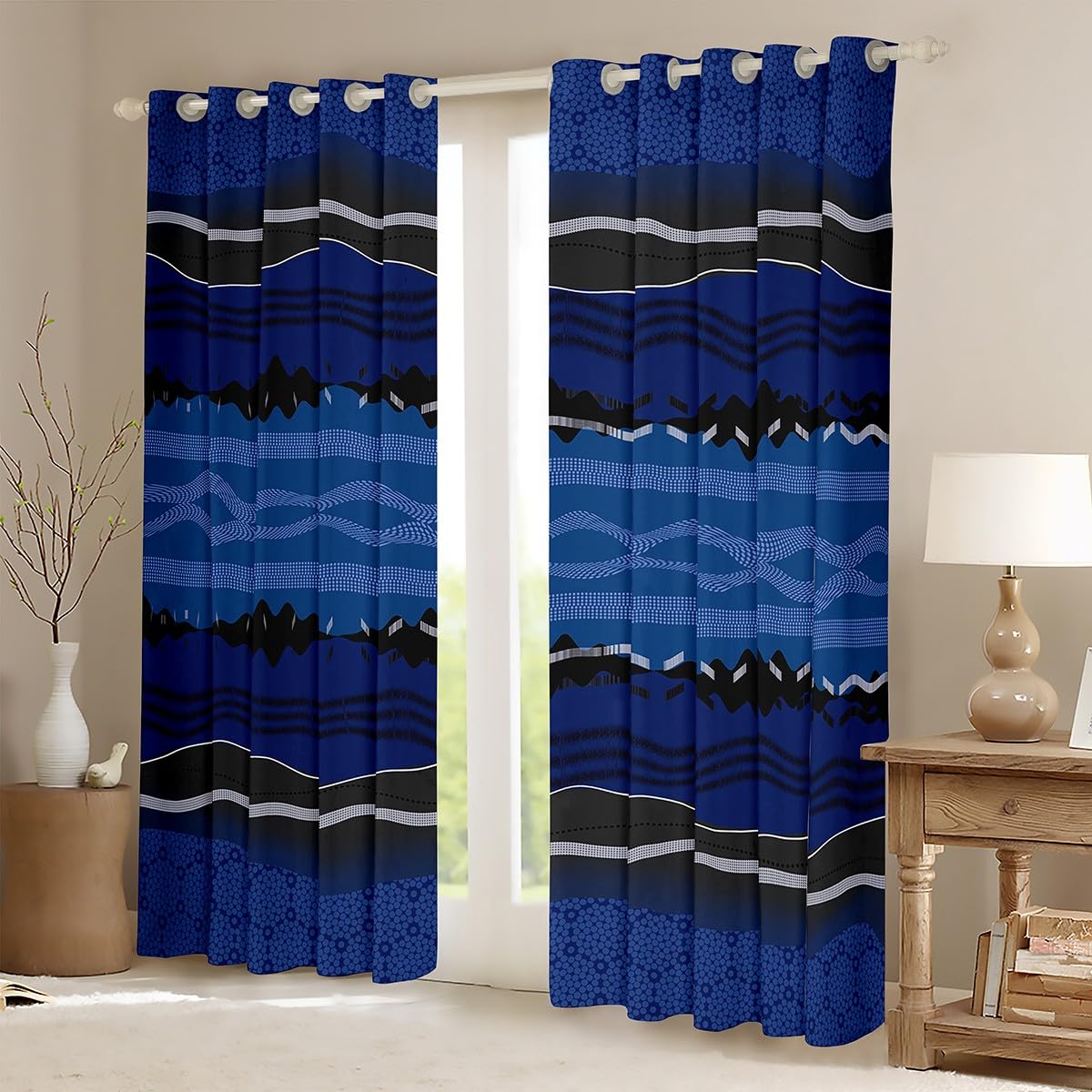 Feelyou Abstract Stripe Blackout Curtains Blue Abstract Stripe Darkening Drapes for Bedroom Living Room Decor Geometric Thermal Insulated Shades Window Treatments, 2 Panels 38 x 45 Inch