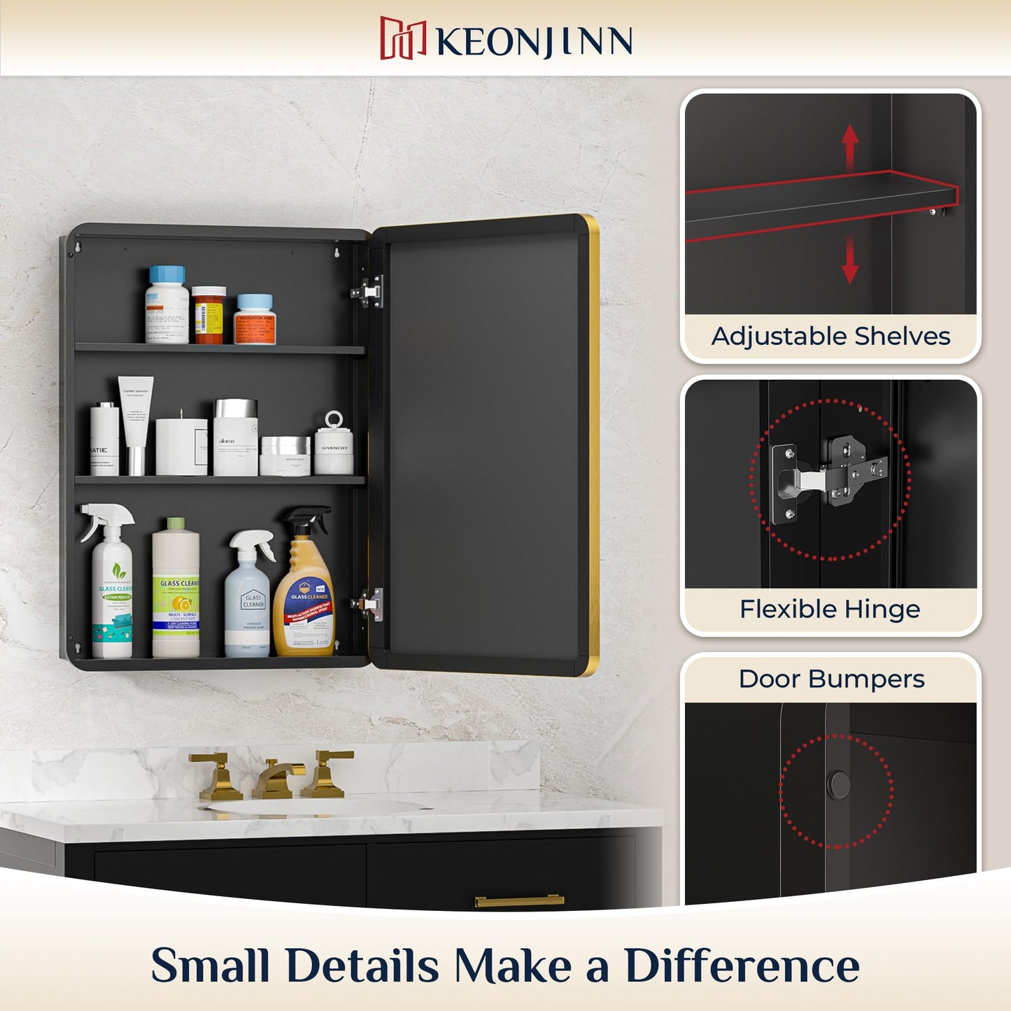 Keonjinn Gold Bathroom Medicine Cabinet with Mirror 16 x 24 Inch, Small Brushed Brass Medicine Cabinet, Stainless Steel Framed, Stepless Adjustable Shelves, DTC Hinges, Recessed or Surface Mount