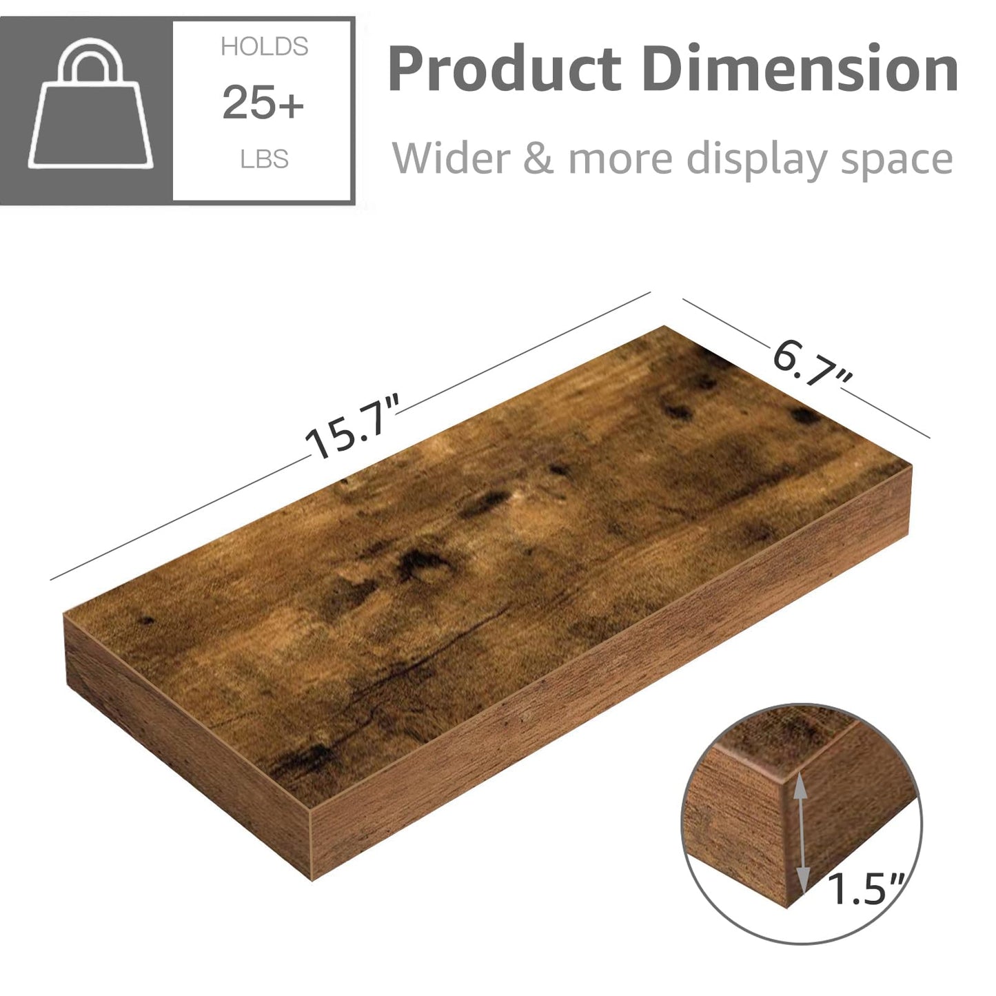QEEIG Floating Shelf for Wall Bathroom Shelves Bedroom Kitchen Living Room Farmhouse Small Book Shelf 16 inch Set of 1, Brown (015-BN1)