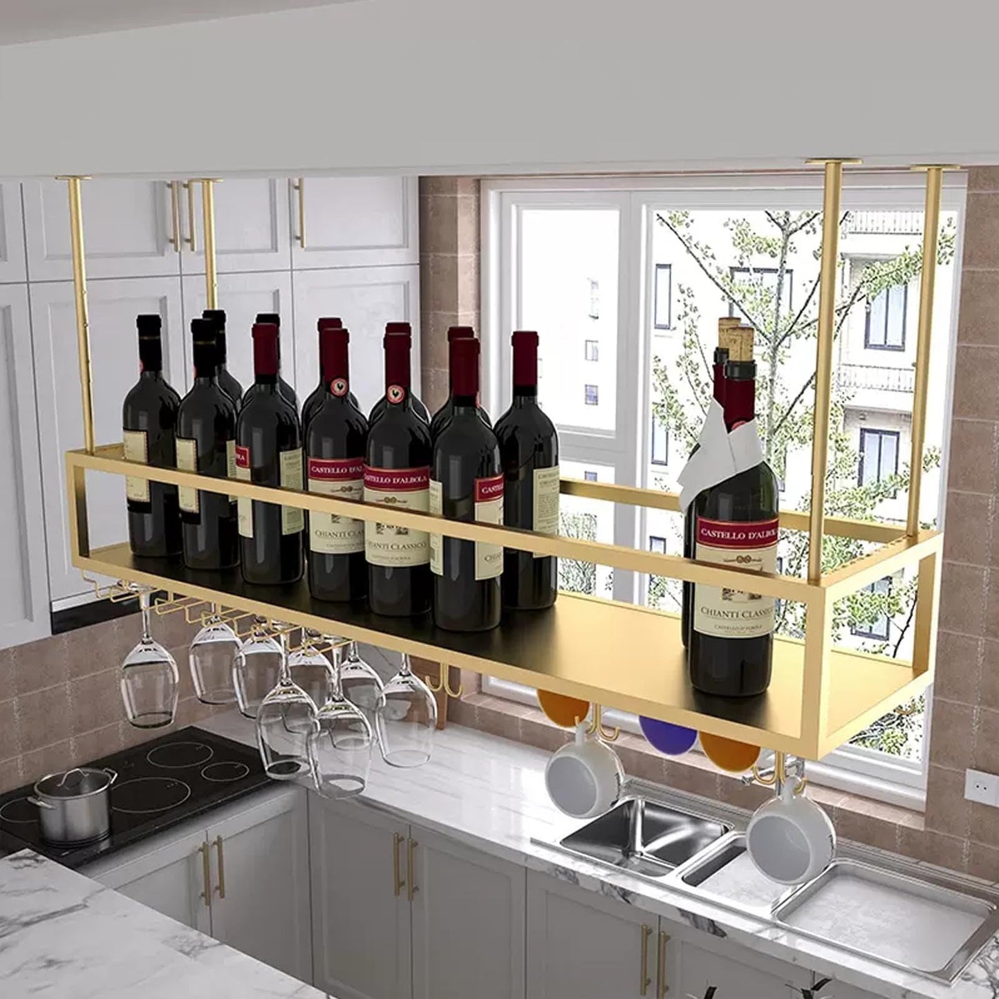 Modern Metal Hanging cafe Wine Bottles Racks, ceiling shelf Wine Racks for Home Bar Display, Floating Storage Shelves Wine Cups Hanging rack, wall mounted Wine Bottle Glass Holder.(Gold,60cm)