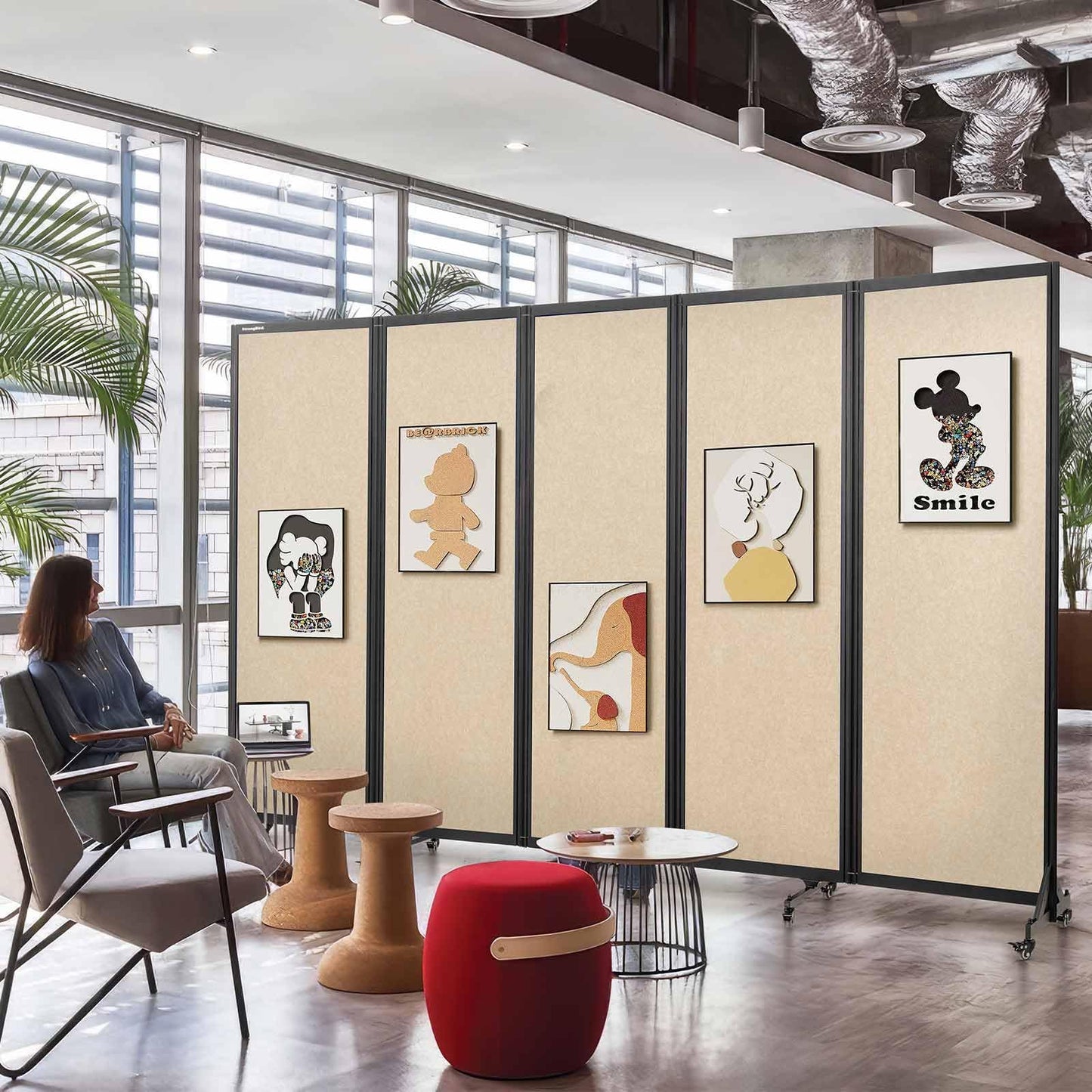 Strongbird Room Partition,Folding Privacy Divider,Office Partition Dividers,Office Dividers Wall, 10'6"W x 6'7"H,Beige