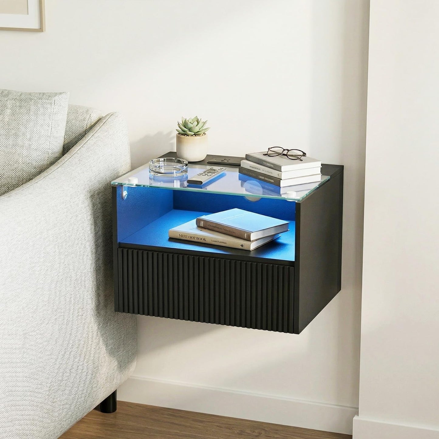 Arbuxzuy Floating Nightstand Set of 2 with Charging Station, Modern Wall Mounted Bedside Table with Drawer & Open Shelf, Made of Minimalist Wood & Glass for Bedroom (Black)