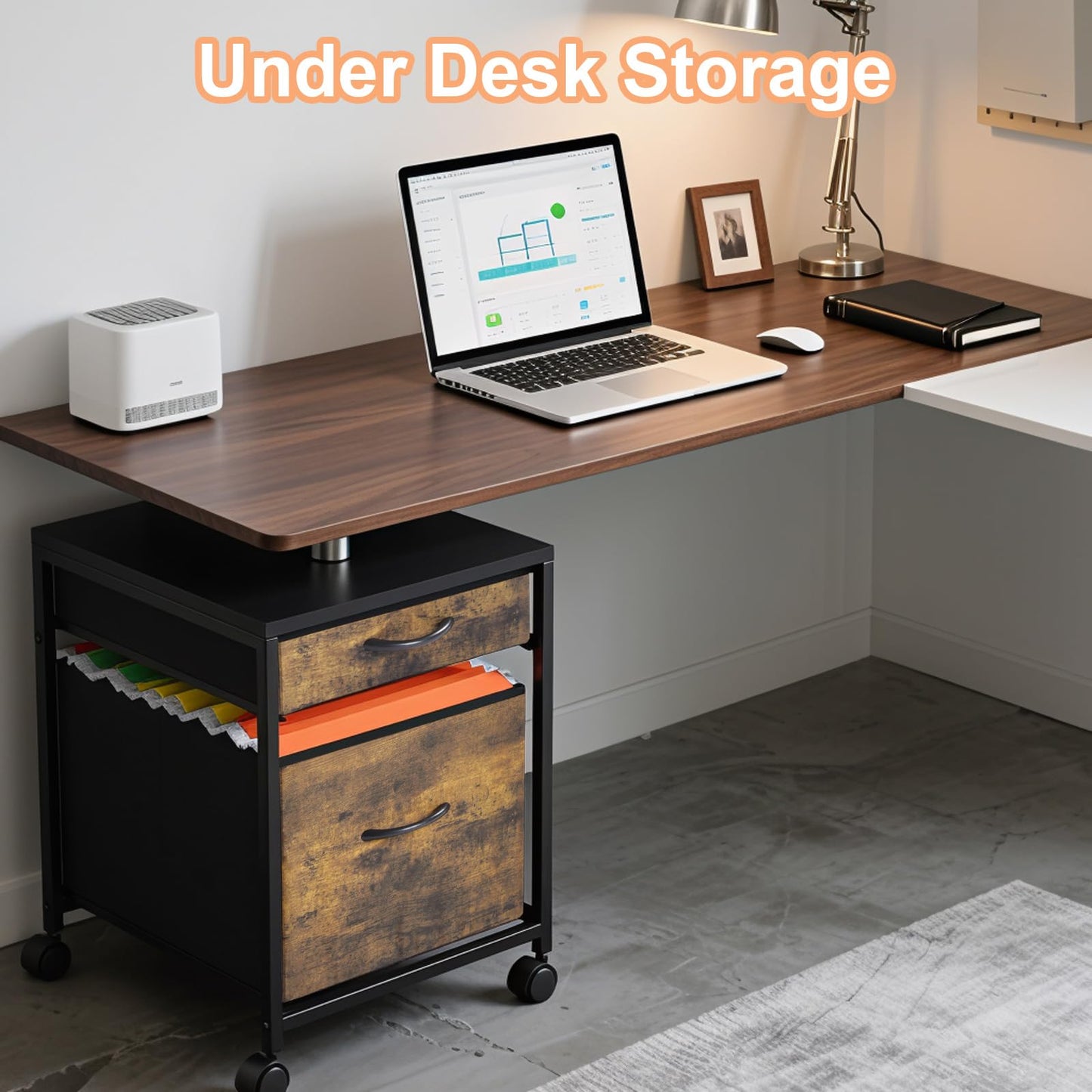AceOrbit Rolling Mobile File Cabinet Cart with 2 Fabric Drawers A4 Letter Size Beside, Vertical Filing Cabinet on Lockable Wheels, Mobile Printer Stand Storage Under Desk for Home Office(Rustic Brown)