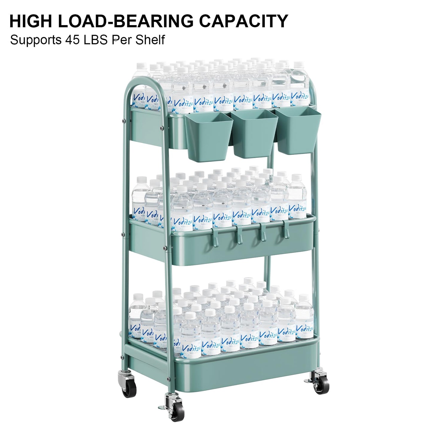 3 Tier Green Metal Rolling Cart with Lockable Wheels and Handle, 3 Tiered Utility Storage Organizer Carts for Teachers, Arts, Craft, Snack, Book, Bedside, Nursery, Cleaning Supplies, Easy Assembly