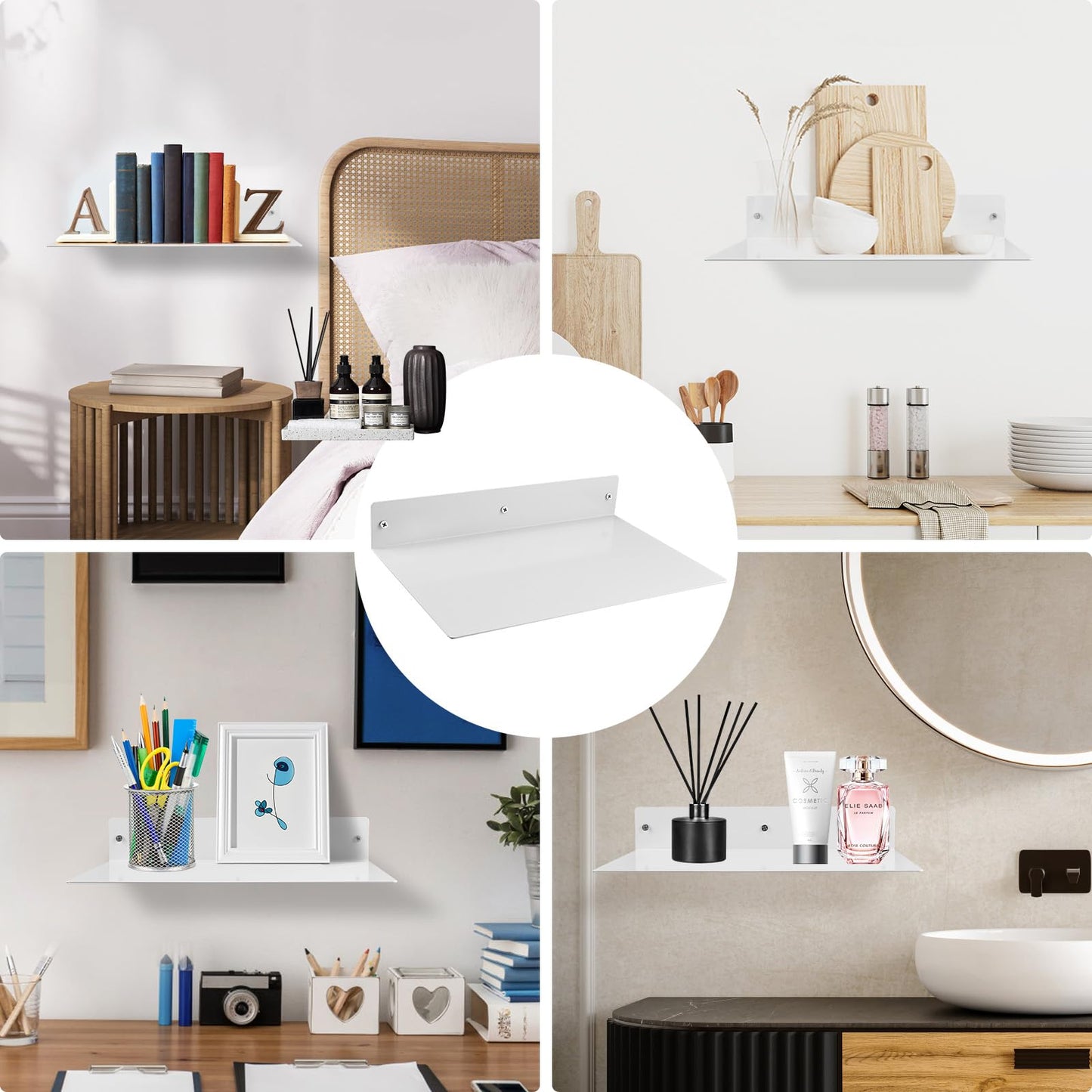 RealPlus Metal Floating Shelf Wall Mounted (12 inch x 8 inch) Heavy Duty Industrial Modern Steel Display Shelves, White (Pack of 1)