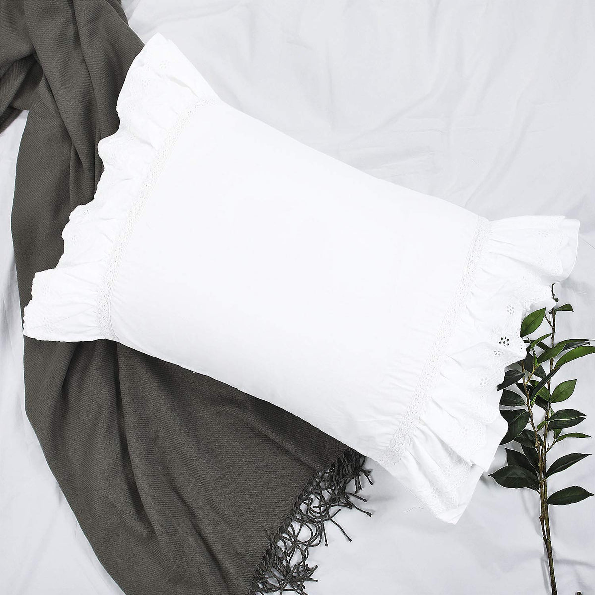 Eyelet Pillow Shams Lace Ruffled Standard White Shabby Chic Farmhouse Pillowcases Set of 2 Pretty Elegant Cotton Country French Cottage Embroidered Floral Victorian Crochet Trim 20x26