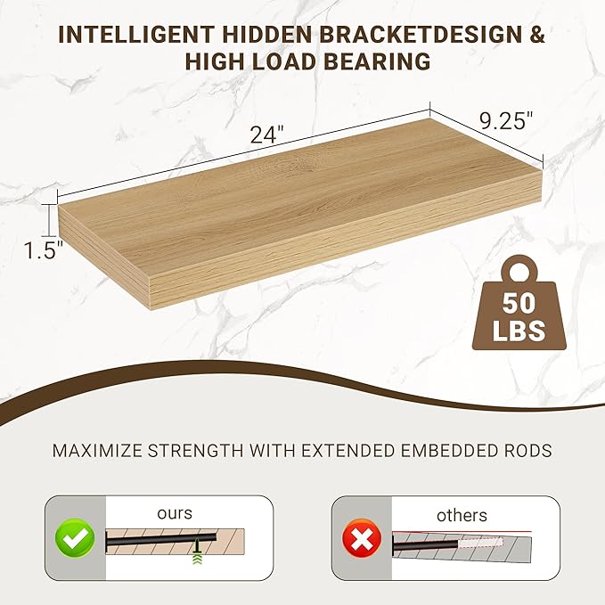 Acovy 24 Inch Floating Shelves, 3D Textured Wood Grain, Wooden Shelves