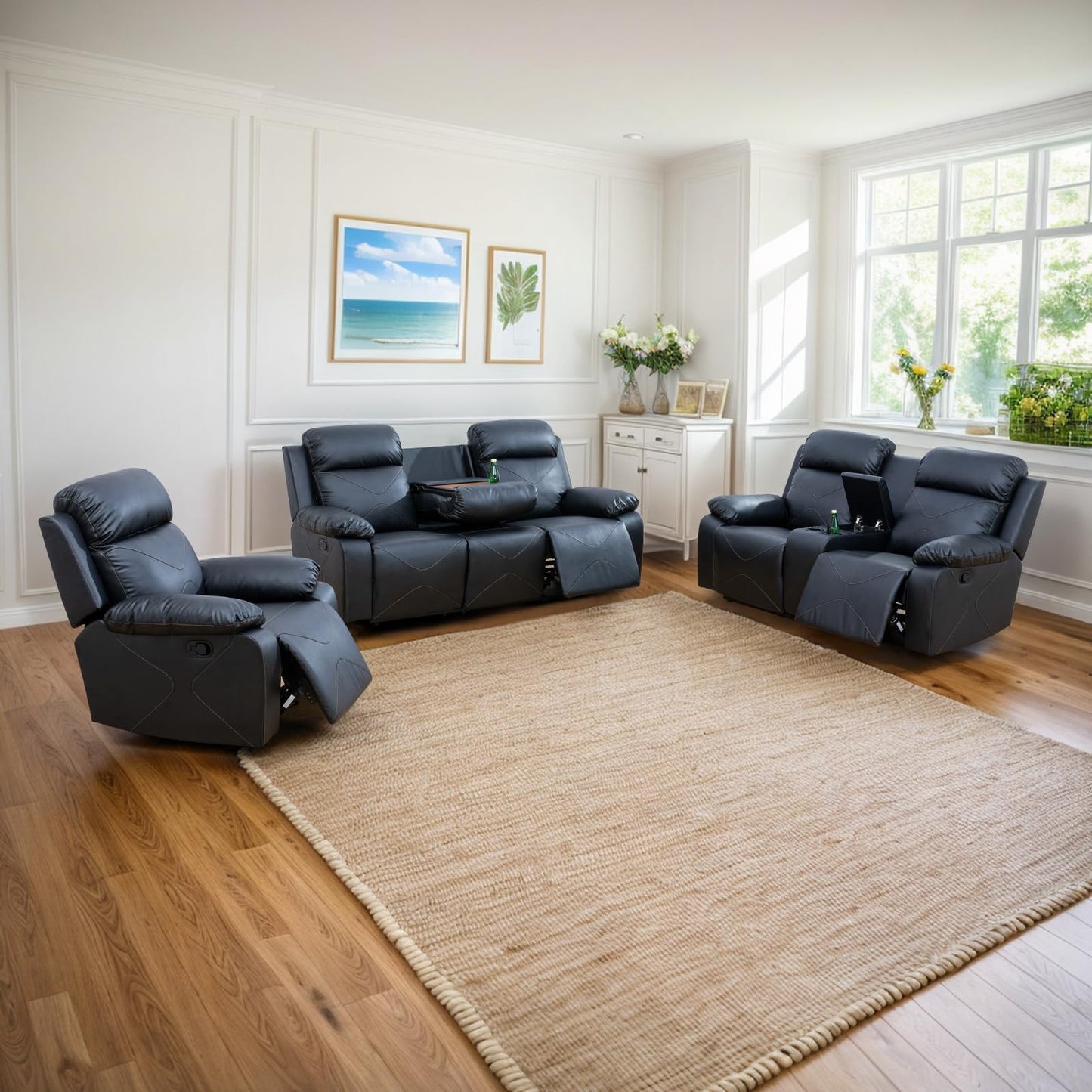 SIMPCHIC Power Recliner Sofa Set, Top Leather 3-Piece Sectional Couch Living Room Furniture Set for Home, Office and Apartment (Black)