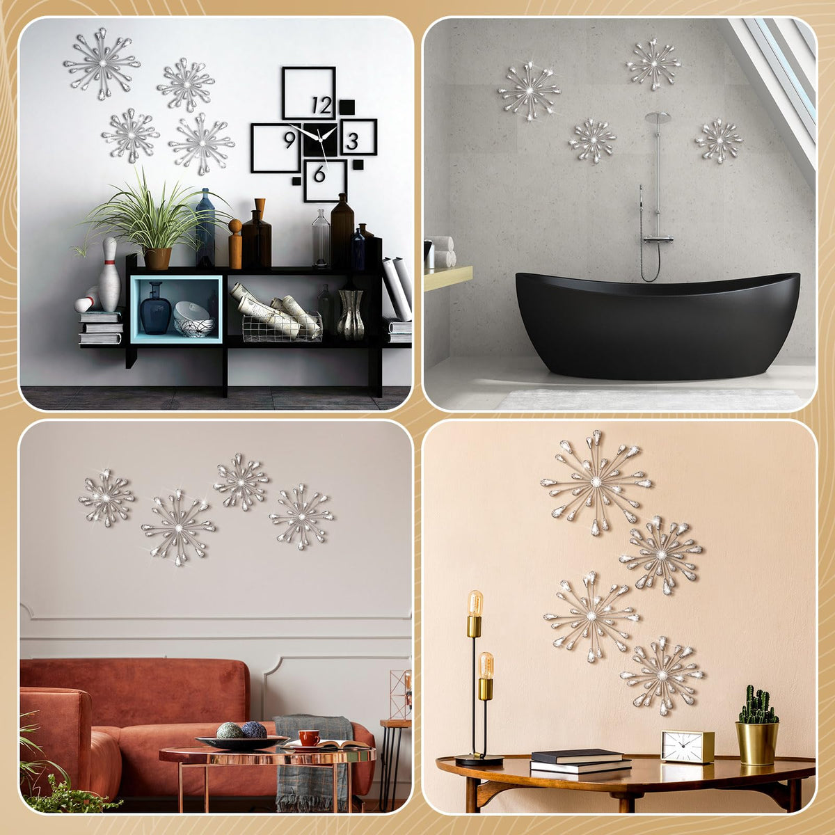 Hicarer 4 Pcs Starburst Wall Decor Bling Wall Art Crystal Teardrop 3D Hanging Rhinestone Radial Metal Artwork Modern Accent Sculptures Decorations for Living Room Home Office Bedroom(Silver)