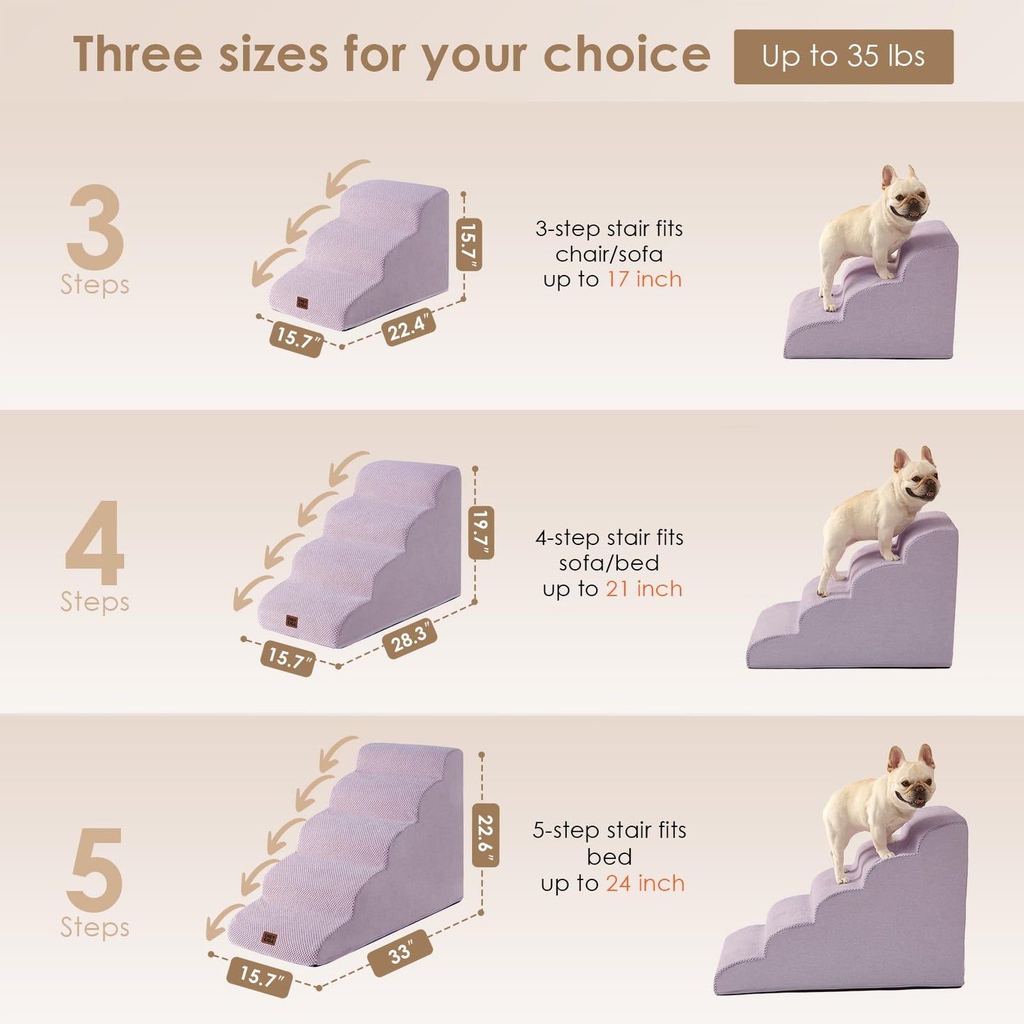 EHEYCIGA Curved Dog Stairs Ramp for High Beds 22.6" H, 5-Step Dog Steps for Small Dogs and Cats, Pet Stairs for High Bed Climbing, Non-Slip Balanced Pet Step Indoor, Lilac