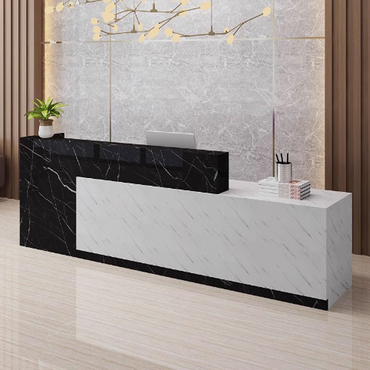 Stylish Reception Desk for Salons & Retail - 1.4m Office Counter Table, Engineered Wood, Modern Black & White Finish, Durable Reception Furniture for Professional Spaces