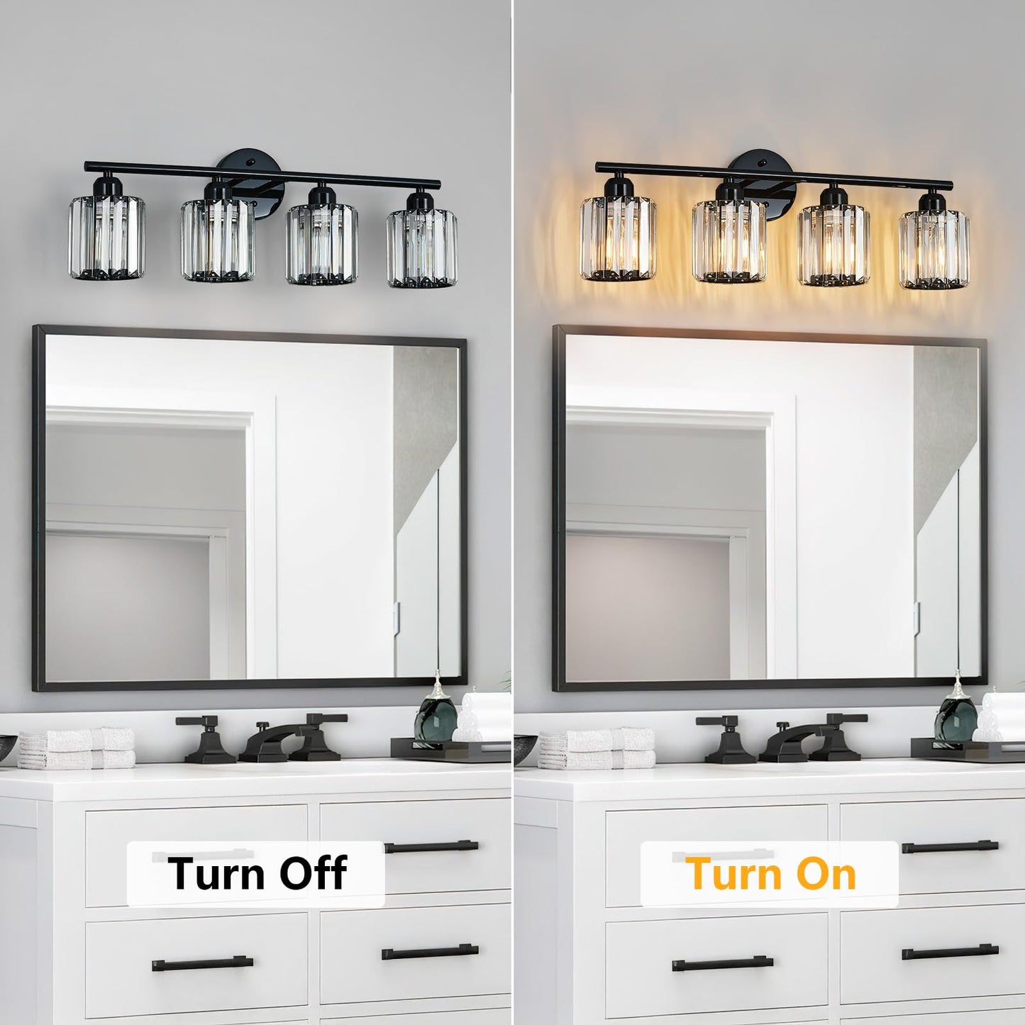 FDPBY Modern 4 Light Crystal Vanity Light, Plating Black Vertical Bathroom Light Fixture Over Mirror for Dressing Table Sink, Compatible with Dimmable Bulbs (Bulbs Not Included)