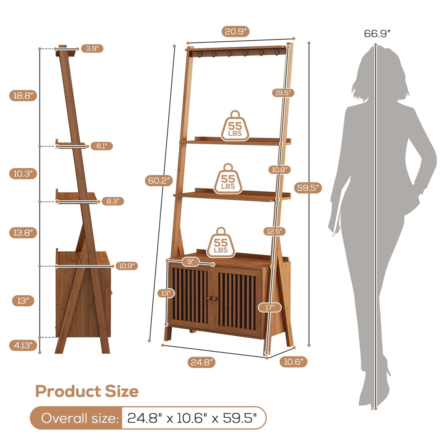 Bookcase with Drawers, 4-Tier Bamboo Bookshelf Ladder Shelf with 6 Hooks, Tall Narrow Retro Book Shelf, 24.8"L x 10.6"W x 59.5"H, Standing Storage Organizer for Living Room, Office, Bedroom, Walnut