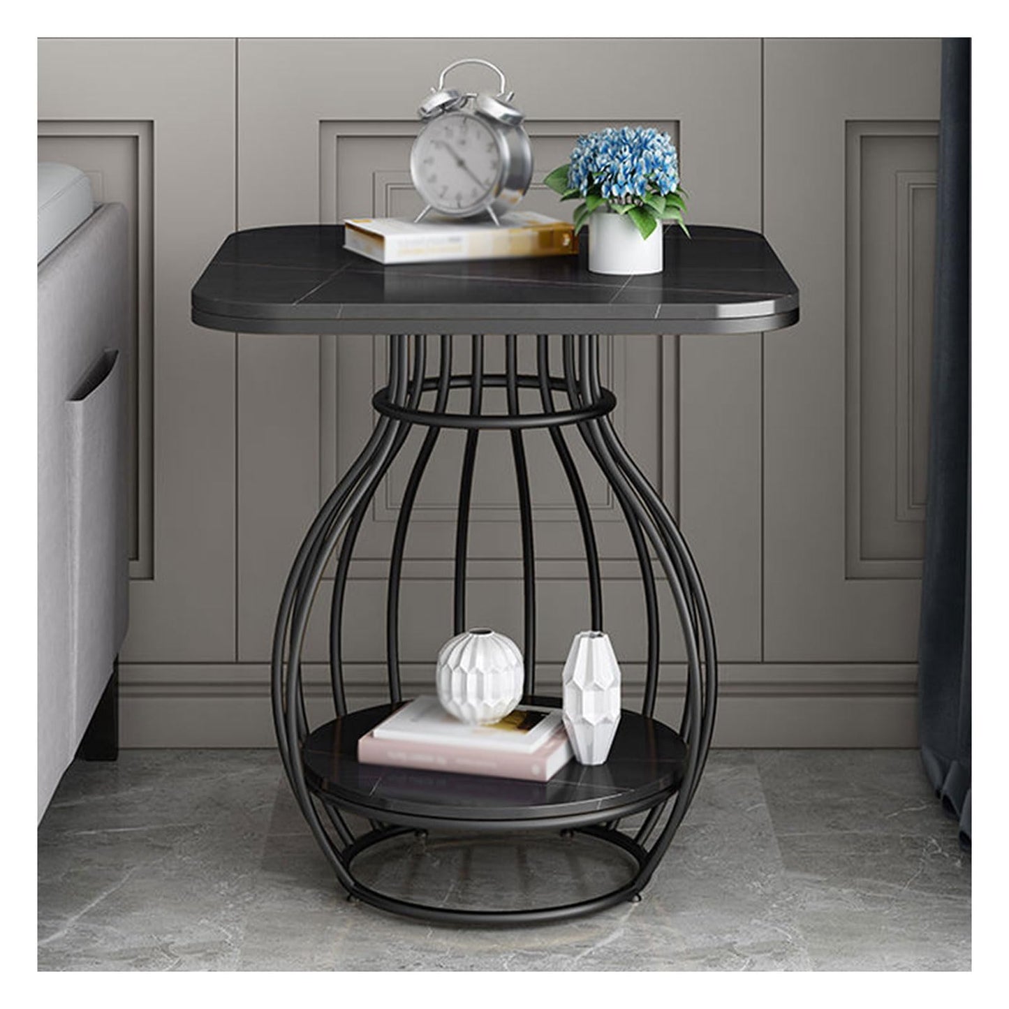 End Table Round Vintage, 2-Tier Metal Side Table with Shelf Storage, Faux Marble Sofa Side Bedside Nightstand, Arc-Shaped Frame Accent Furniture for Living Room