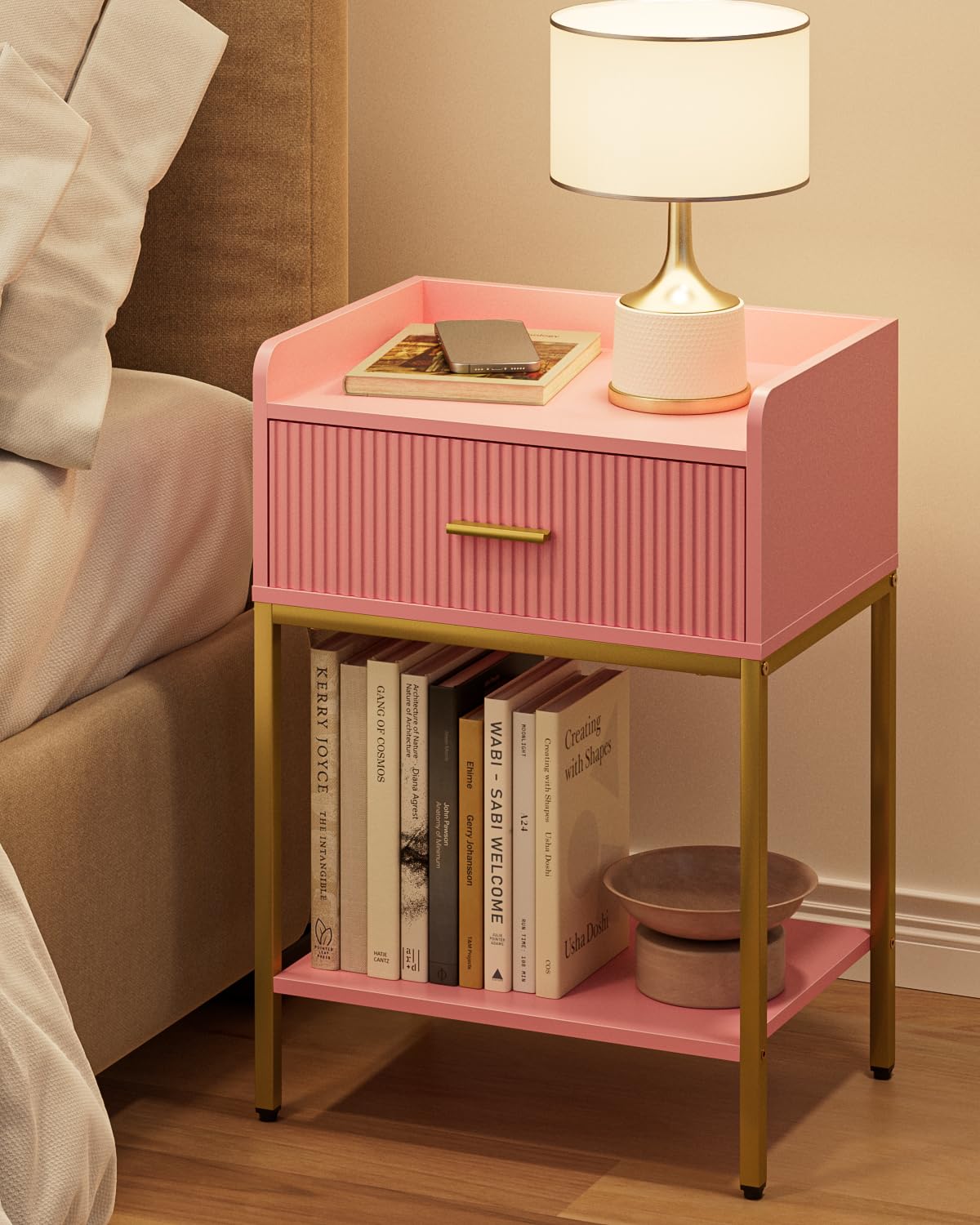 Apetaccat Nightstand, 3-Tier Bed Side Table, Small End Table, Night Stand with Open Shelf and Drawer, Bedside Table for Bedroom, Living Room, Pink