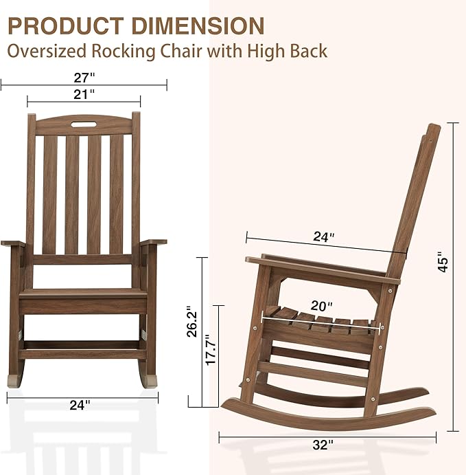 Psilvam Outdoor Rocking Chair Set of 2, Poly Lumber Oversized Rocking Chair