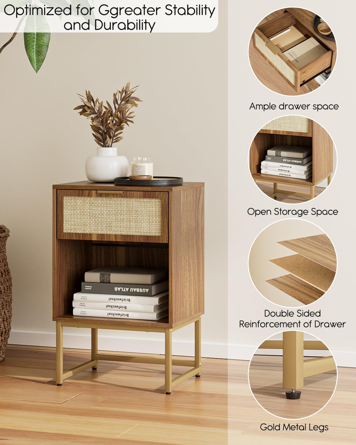 Masupu Rattan Nightstand,Modern Night Stand Boho Farmhouse Wood Bedside Table with Storage Drawer Side End Table for Bedroom, Office,Walnut Brown