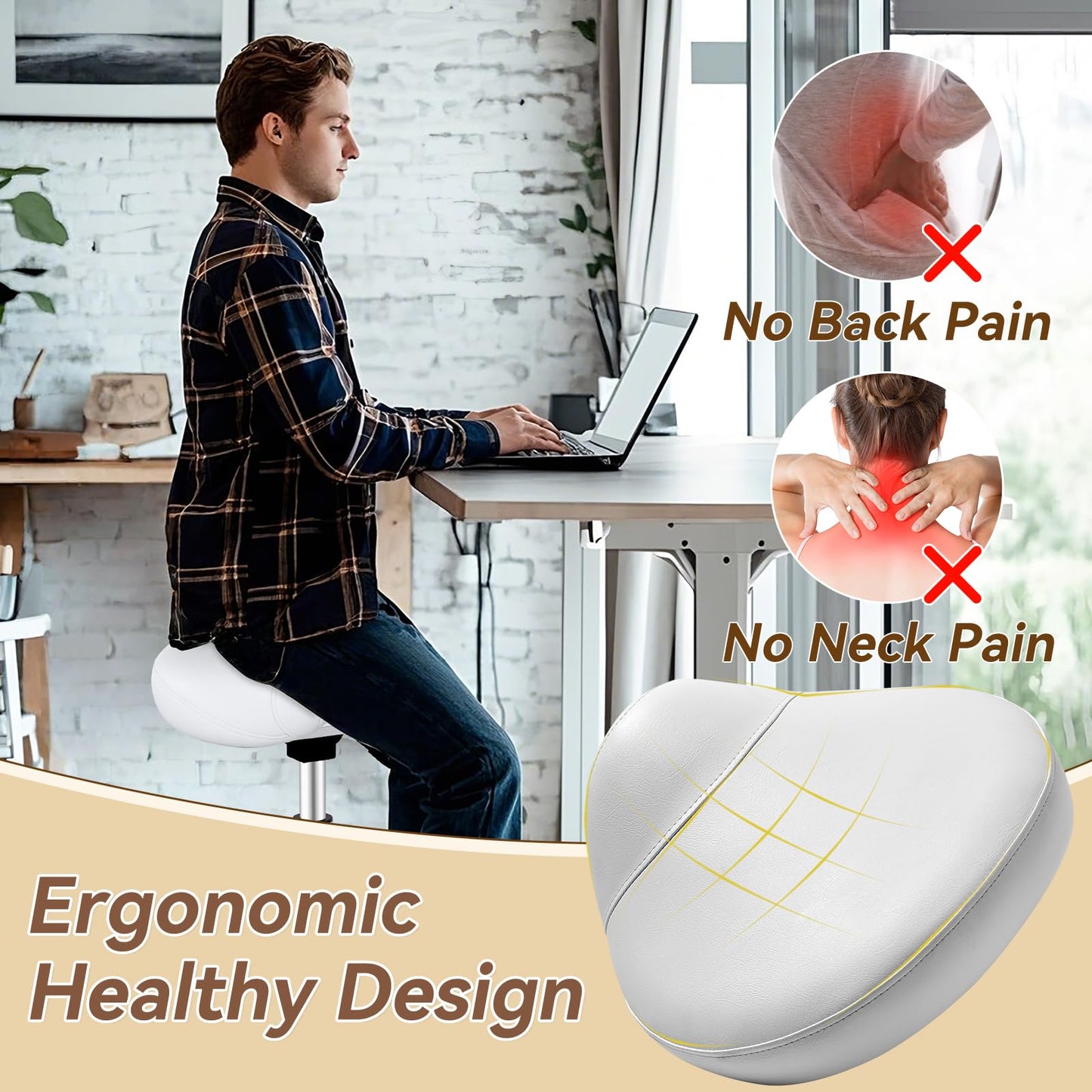 Saddle Stool Heavy Duty 400lbs - Ergonomic Thick Saddle Seat Cushion, Easy Height Adjustable, Healthy Posture No Pain, Smooth Rolling No Creaky Noises, Rolling Saddle Stool Chair with Wheels (White2)