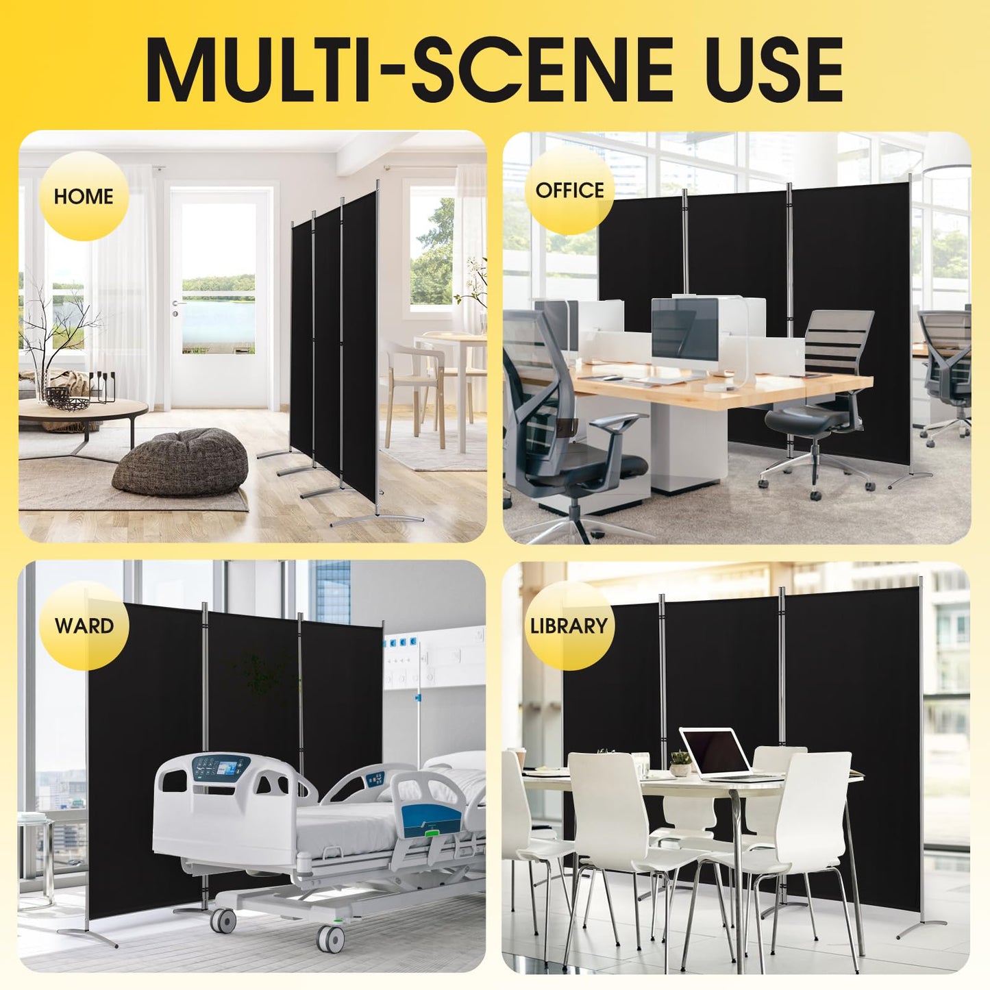 RANTILA 3 Panel Privacy Screen, 6 Ft Tall Folding Privacy Screen Room Dividers, Freestanding Room Partition Wall Dividers, 102''W x 20''D x 71''H, Black