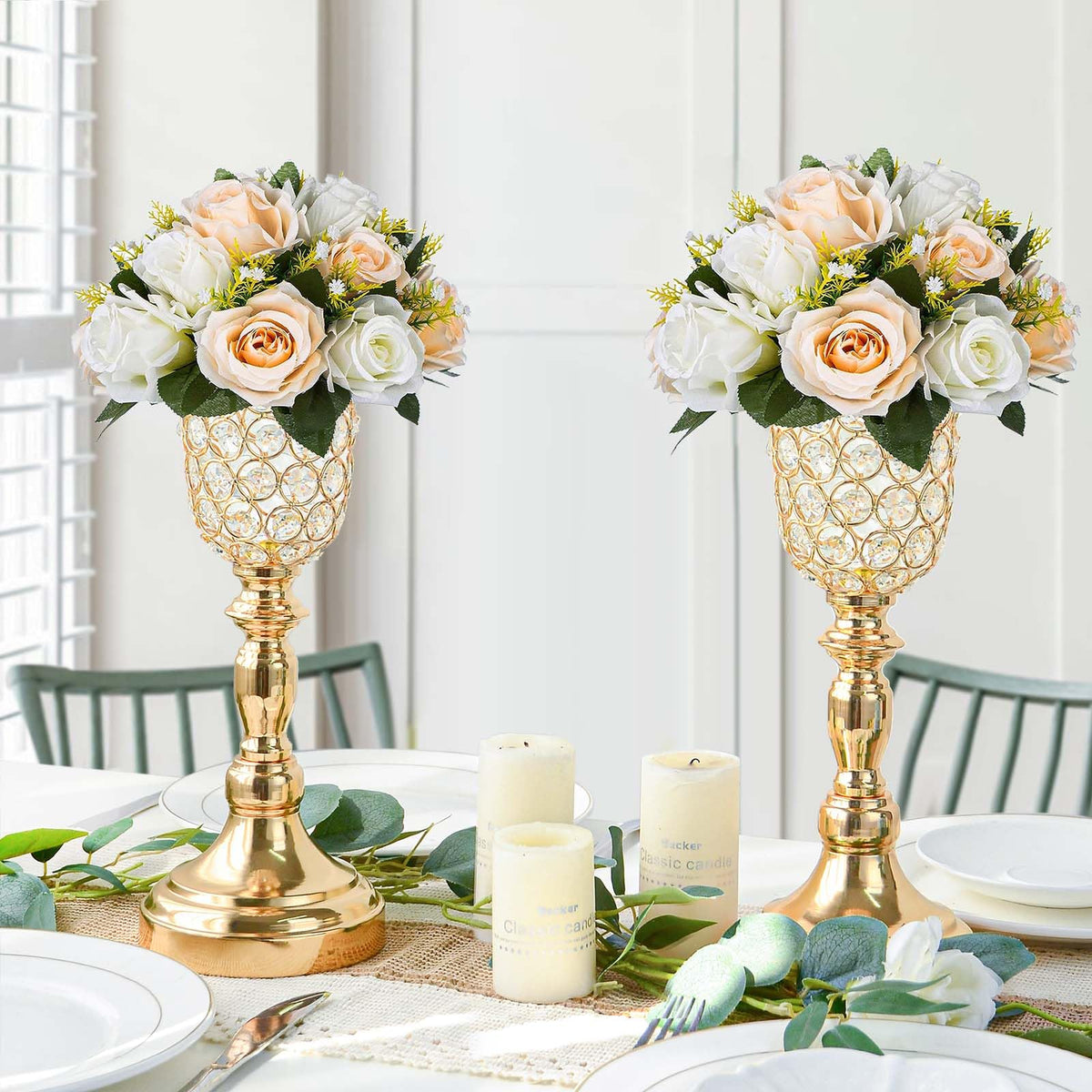 Kehail 6pcs Elegant Crystal Trumpet Metal Centerpiece Vases, Wedding Table Decoration Flower Stand Tulip Shape Decor Artificial Flower Arrangement Vase for Wedding Restaurant Vase Home Decor (Gold)