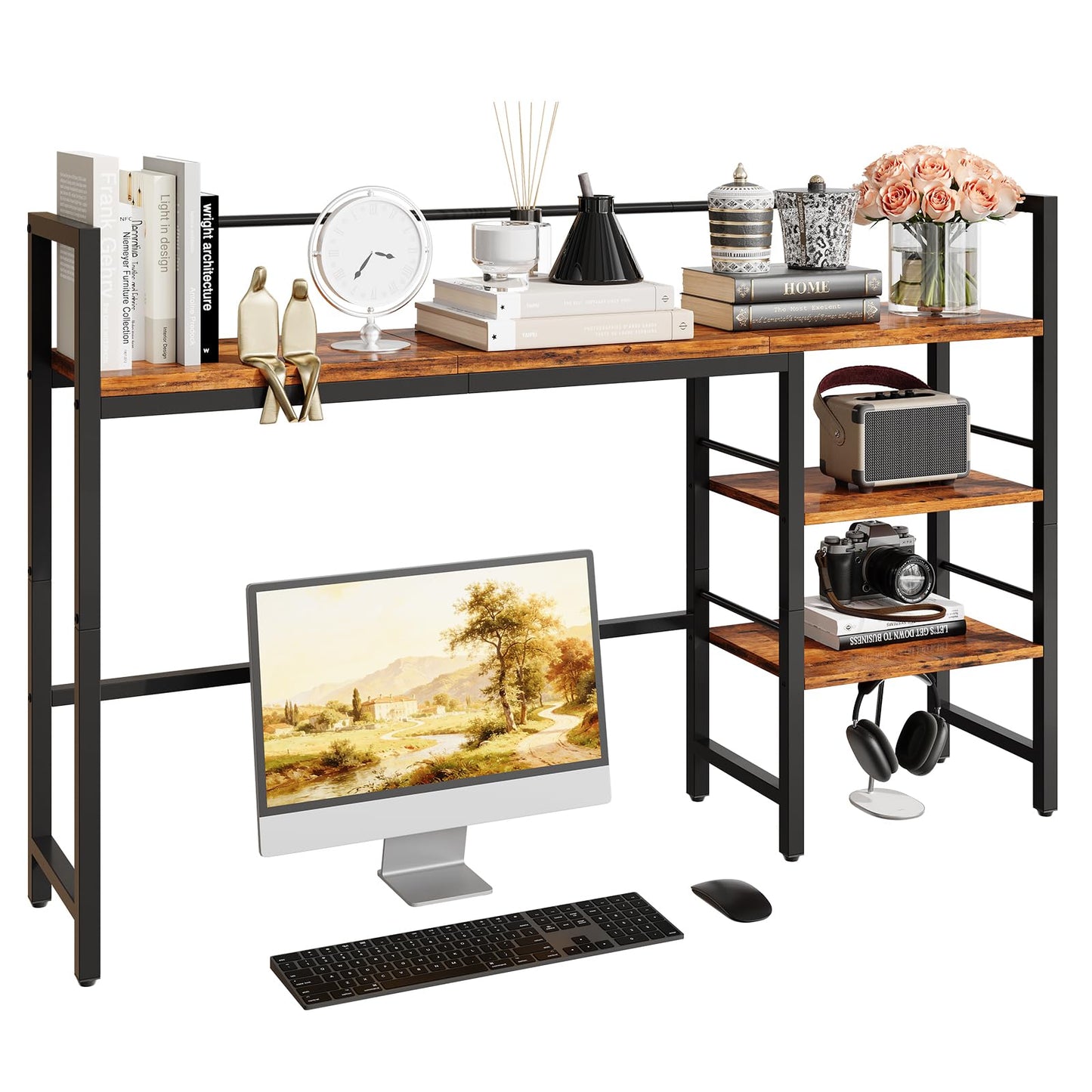 HavenlyYouth Desk Shelf, 45.4 Inch Wood Desk Organizer Shelf for Computer Monitor, Desk Hutch Storage, Desktop Shelf for Top of Desk, 3 Tier Desktop Bookshelf for Home Office Dorm, Rustic