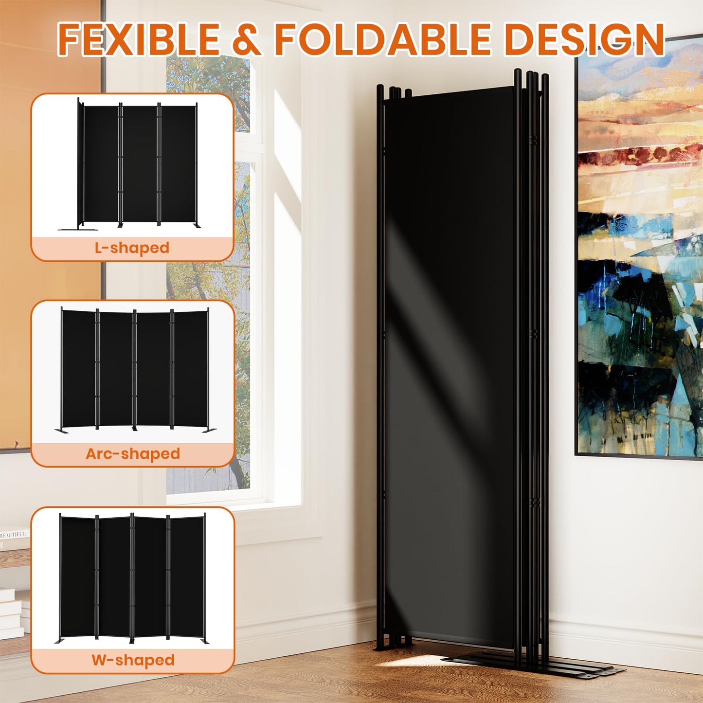 SUNALLY Room Divider 6FT Folding Privacy Screens, 8 Panel Fabric Divider for Room Separation, 176" W Freestanding Portable Wall Dividers Screen for Home Dorm Studio Office, Black