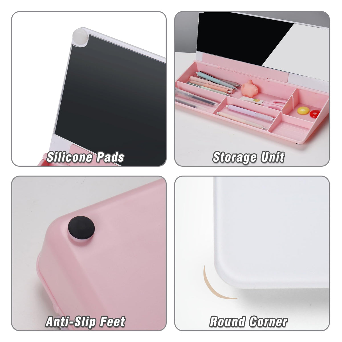 SELEAD Desktop Glass Whiteboard with Organizer & Built-in Mirror - Small Dry Erase White Board Computer Pad Keyboard Stand with Markers, Eraser, Holder for Women - Pink