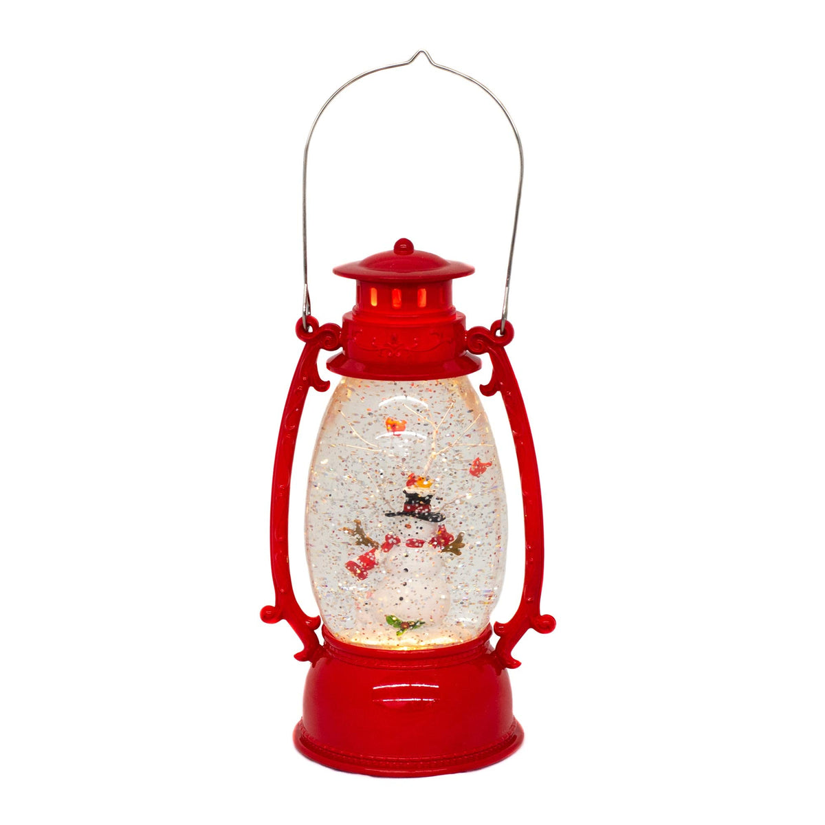 Red Vintage Lantern Snowman Swirling LED Light 10 Inch Acrylic Holiday Glitter Globe