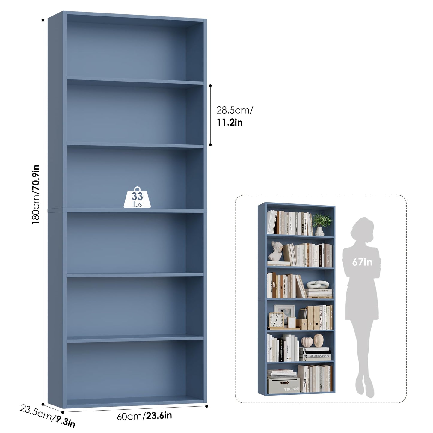 FOTOSOK 6-Tier Open Bookcase and Bookshelf, Freestanding Display Storage Shelves Tall Bookcase for Bedroom, Living Room and Office, Blue