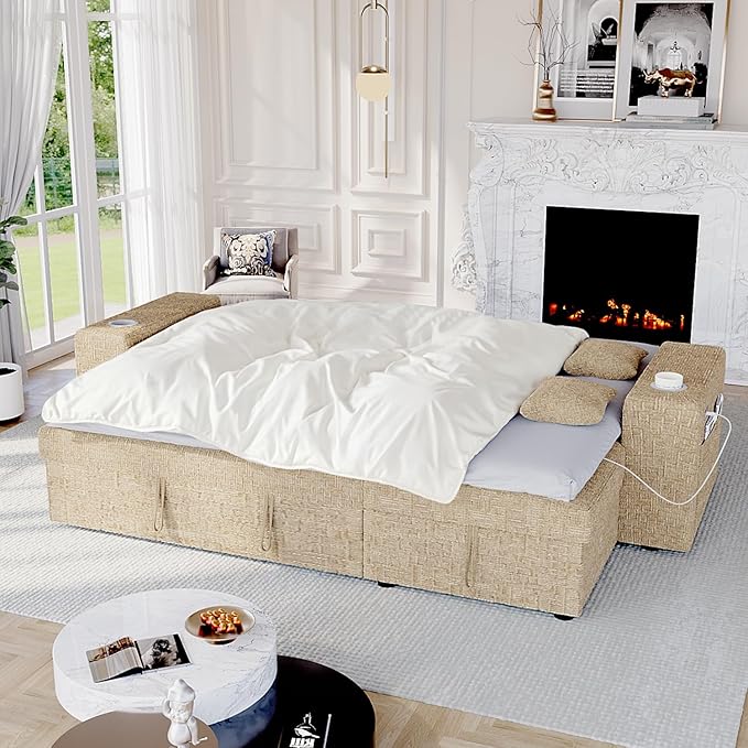 90 Inch Modular Sectional Sleeper Sofa Bed, 4 in 1 Pull Out Couch Bed