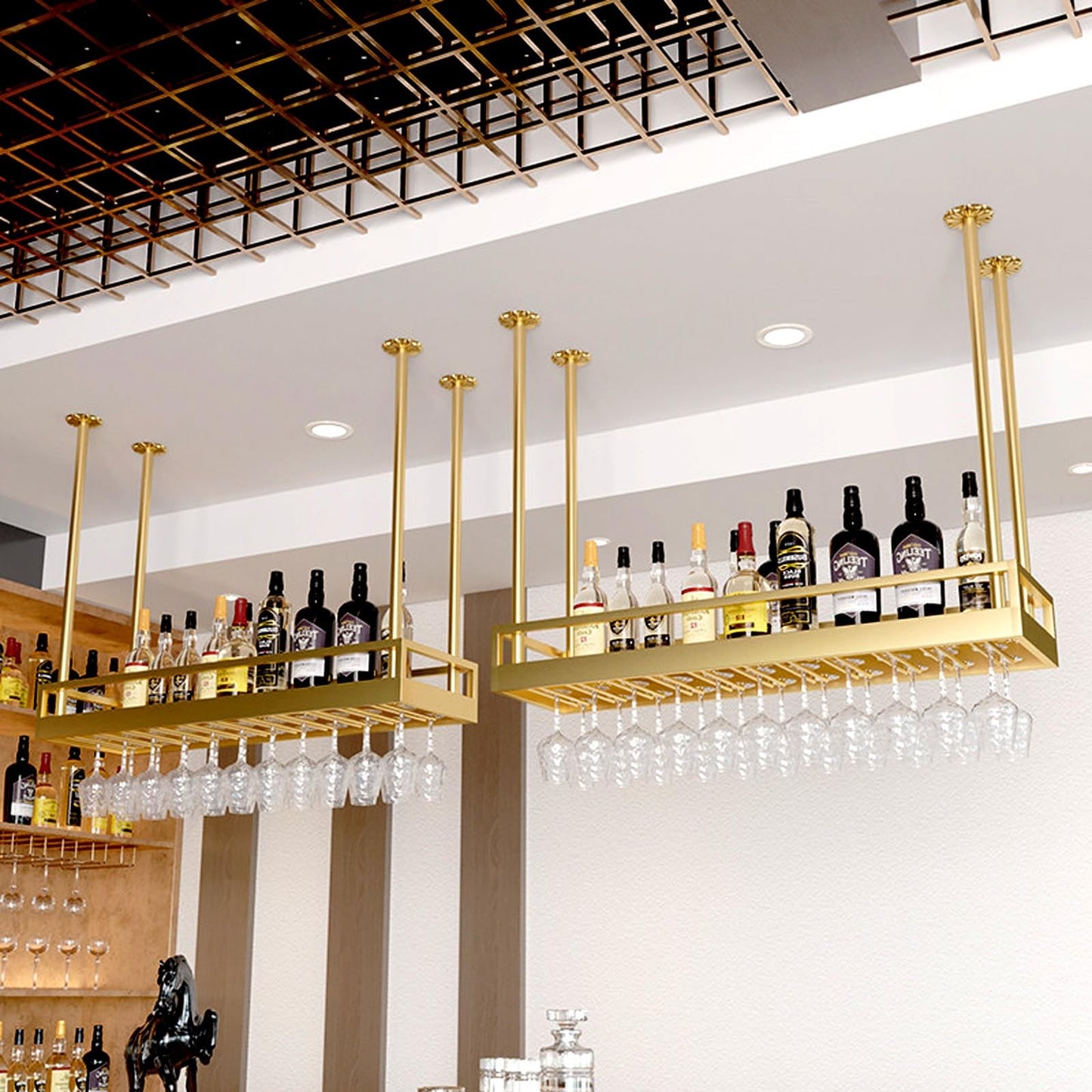 MISTRARA Ceiling Wine Rack, Adjustable Height Gold Multi Functional Hanging Wine Glass Rack, Large Capacity Wine Rack, for Bar, Kitchen, Cafe Wine Bottle Storage (Size : 60 * 35cm)