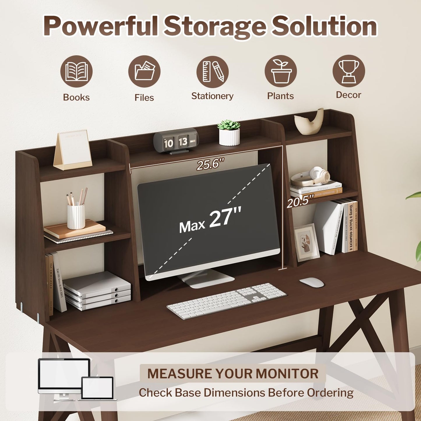 NELYE Solid Wood Desk with Bookshelf, Computer Writing Table for Monitor and Home Office, Modern Compact Workstation in Walnut, 48" W x 24" D