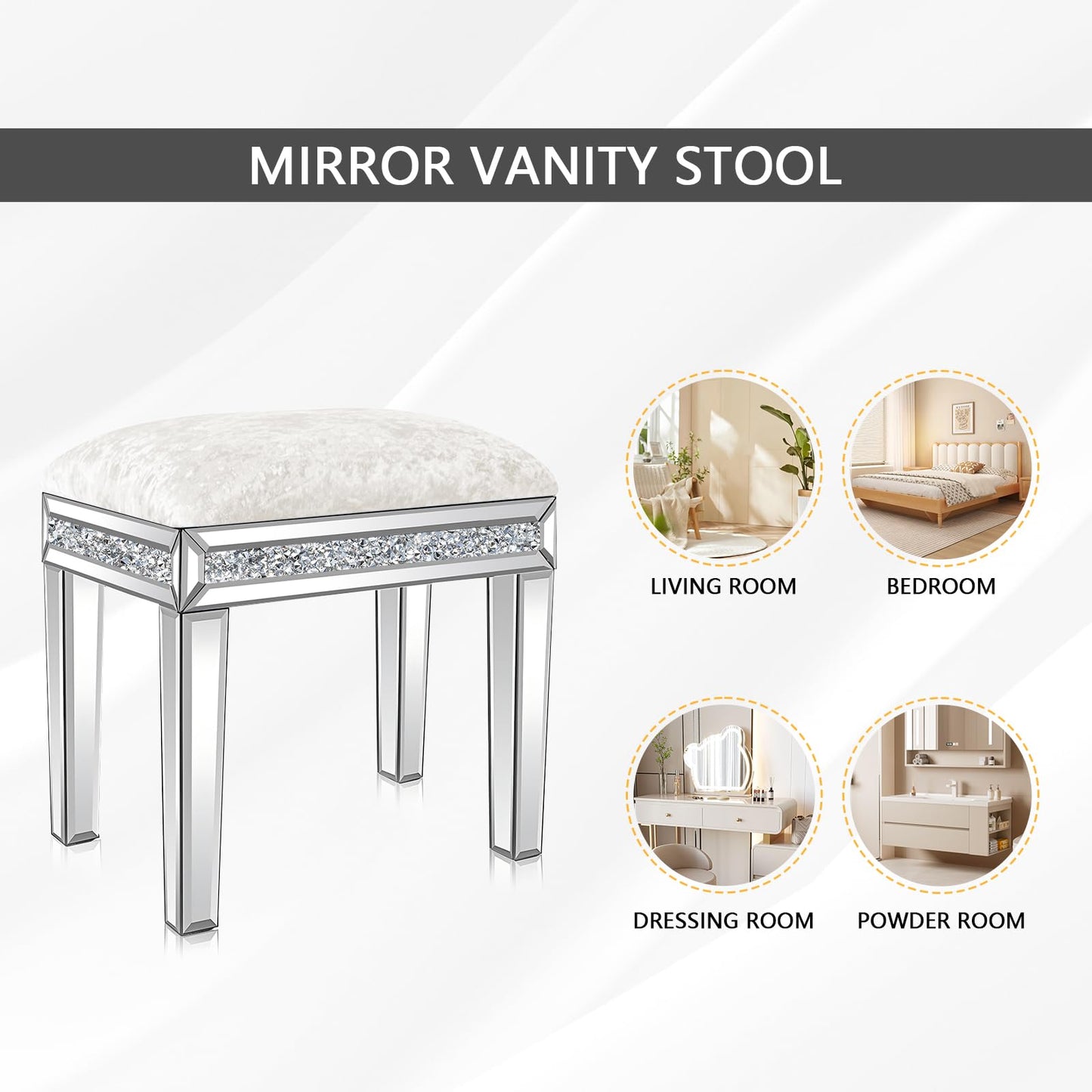 blingworld Mirrored Vanity Stool with Crushed Diamond Inlay Velvet Cushion 19.7'' Tall Stylish Makeup Chair for Bedroom, Vanity Chair, Ottoman for Living Room, White