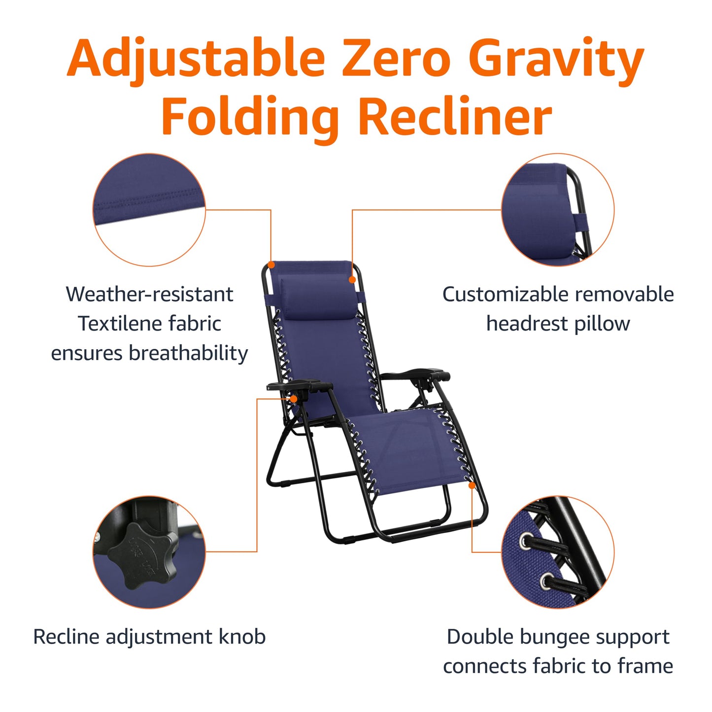 Amazon Basics Zero Gravity Lounge Chair with Pillow, Foldable Outdoor Reclining Chair for Patio and Beach, Weather-Resistant Textilene, 300 lb Capacity, 26", Navy Blue